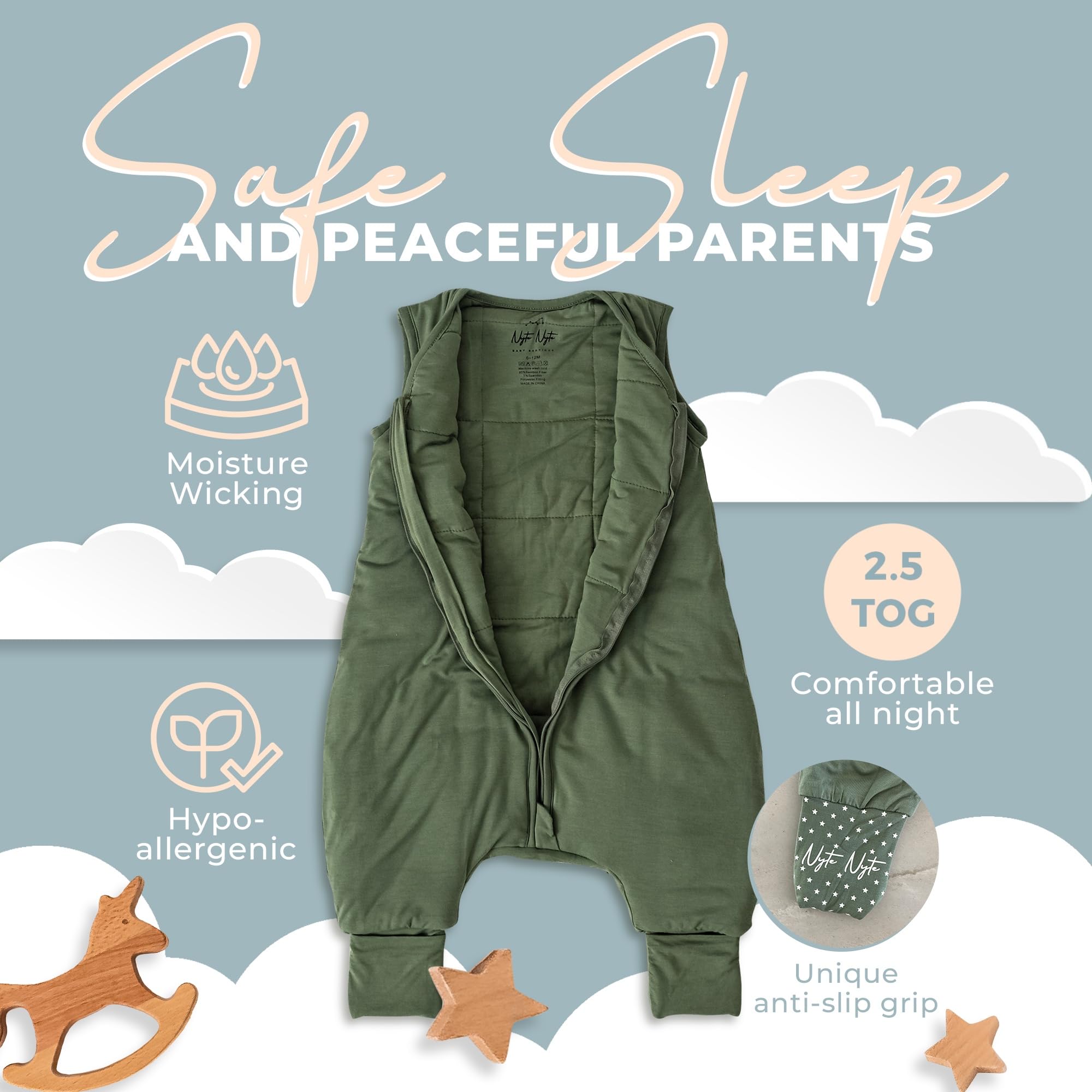 Nyte Nyte Baby - 2.5-TOG Green, 6-12 Months, Sleeveless Sleep Sack