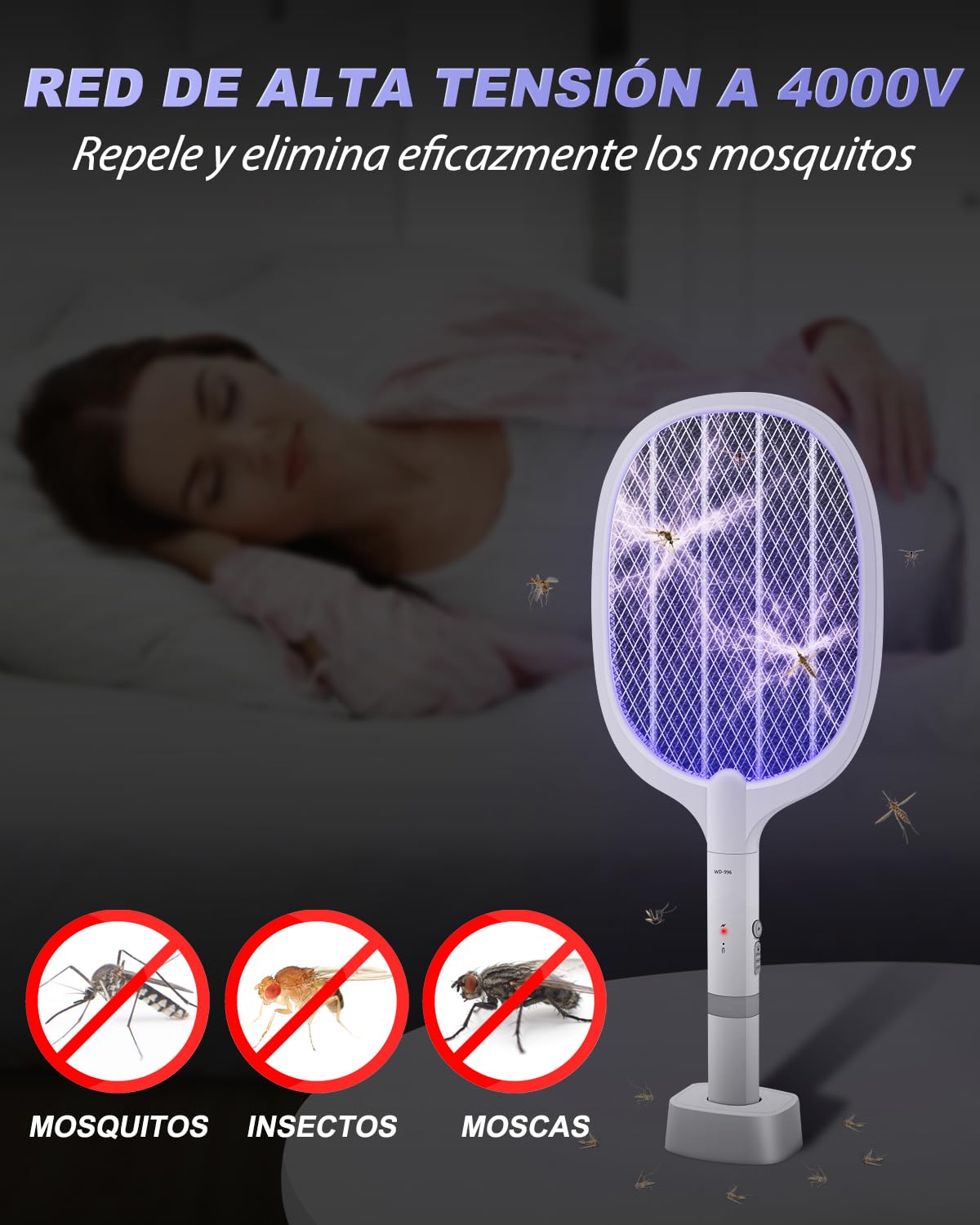 Raqueta Mosquitos Eléctrica, Matamoscas Electrico Recargable 4000V con USB Base, Antimosquitos Eléctrica con Luz Ultravioleta para Matar Mosquitos, Batería de 1800mAh, 2 Modos - Blanco