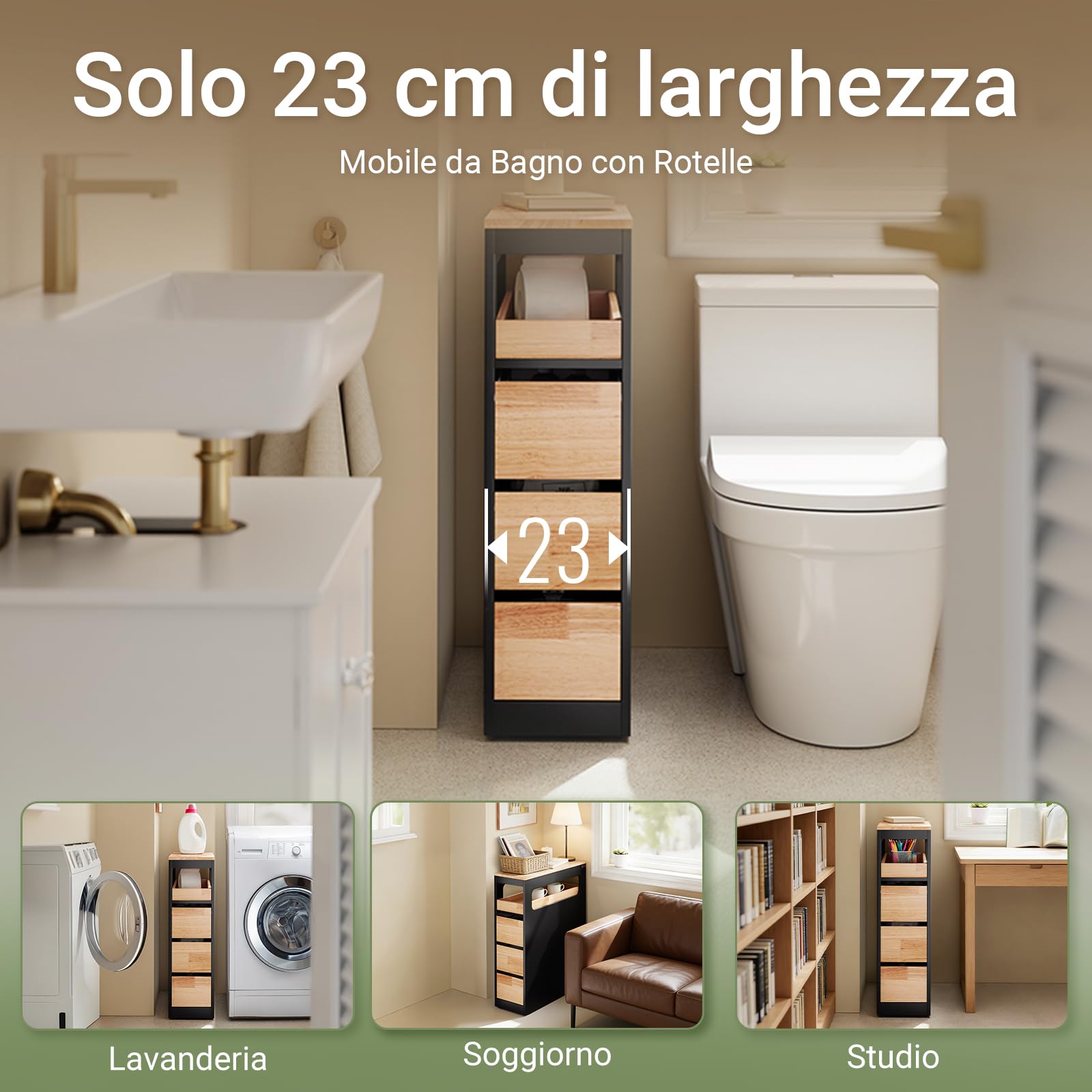 SoBuy Mobiletto Bagno Salvaspazio Cassettiera Bagno Stretto 3 Cassetti con Ruote per Angoli e Nicchie per Piccoli Spazi e Famiglie Nero 65x23x82cm BZR54-II-SCH