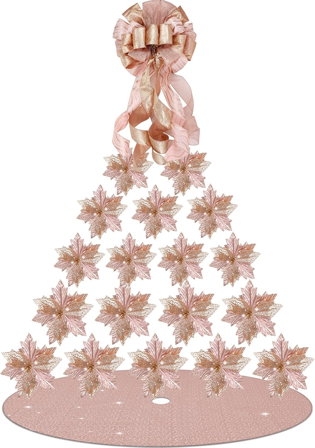 26 Pcs Christmas Tree Decorations Include 12 x 33 Inch Large Christmas Tree Topper Bow, 24 Pcs Artificial Christmas Glitter Flowers Decorations, 40 Inch Rustic Sequin Christmas Tree Skirt (Rose Gold)