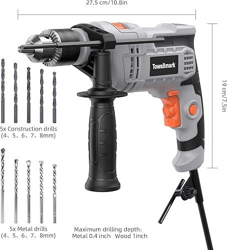 Miniatura 2 de Towallmark - Taladro de martillo eléctrico de 7 amperios, 12 pulgada con 3000 rpm, velocidad variable, 10 brocas para mejoras del hogar, bricolaje,
