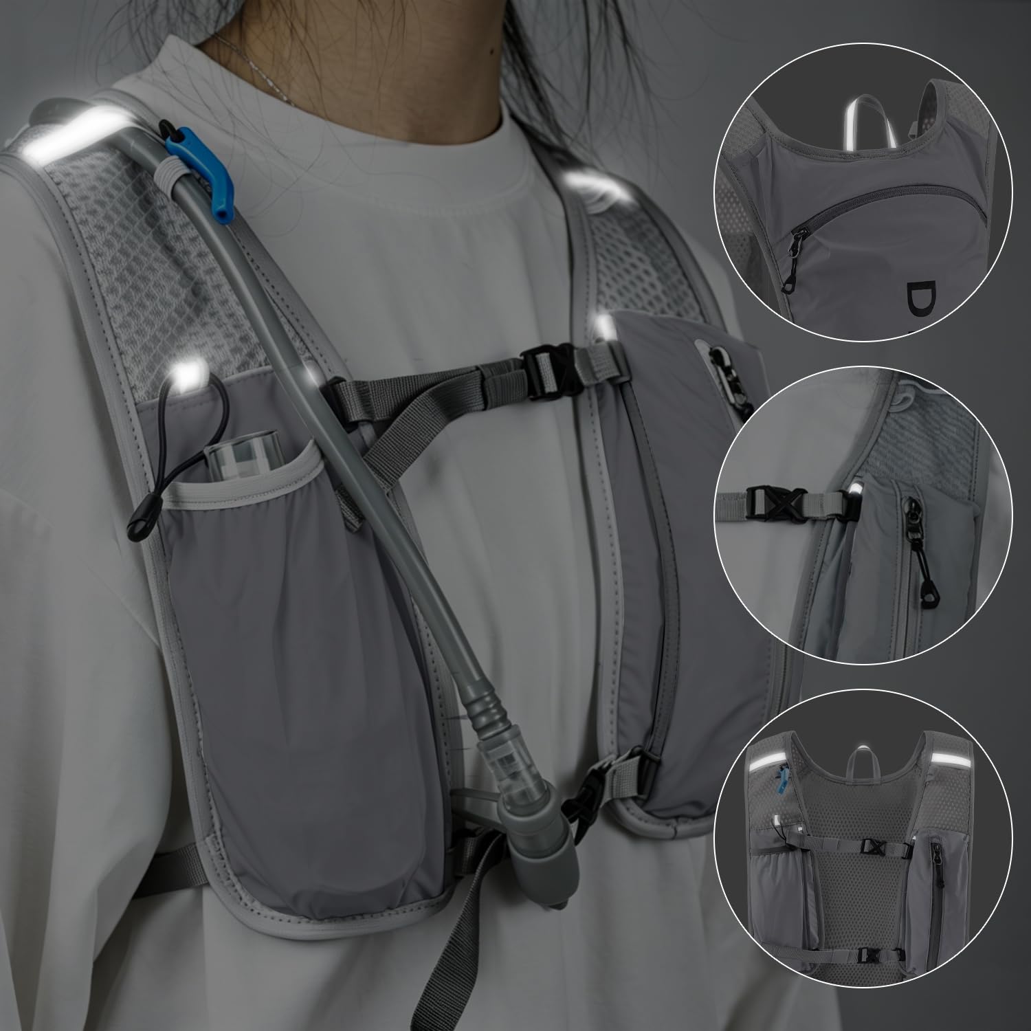 DNFUN Zaino Trail Running, Gilet Running Uomo Donna, Gilet Corsa Riflettente Idratazione Multitasche con Borraccia Morbida 500ml *2 o Sacca Idrica 1.5 per Trekking Ciclismo