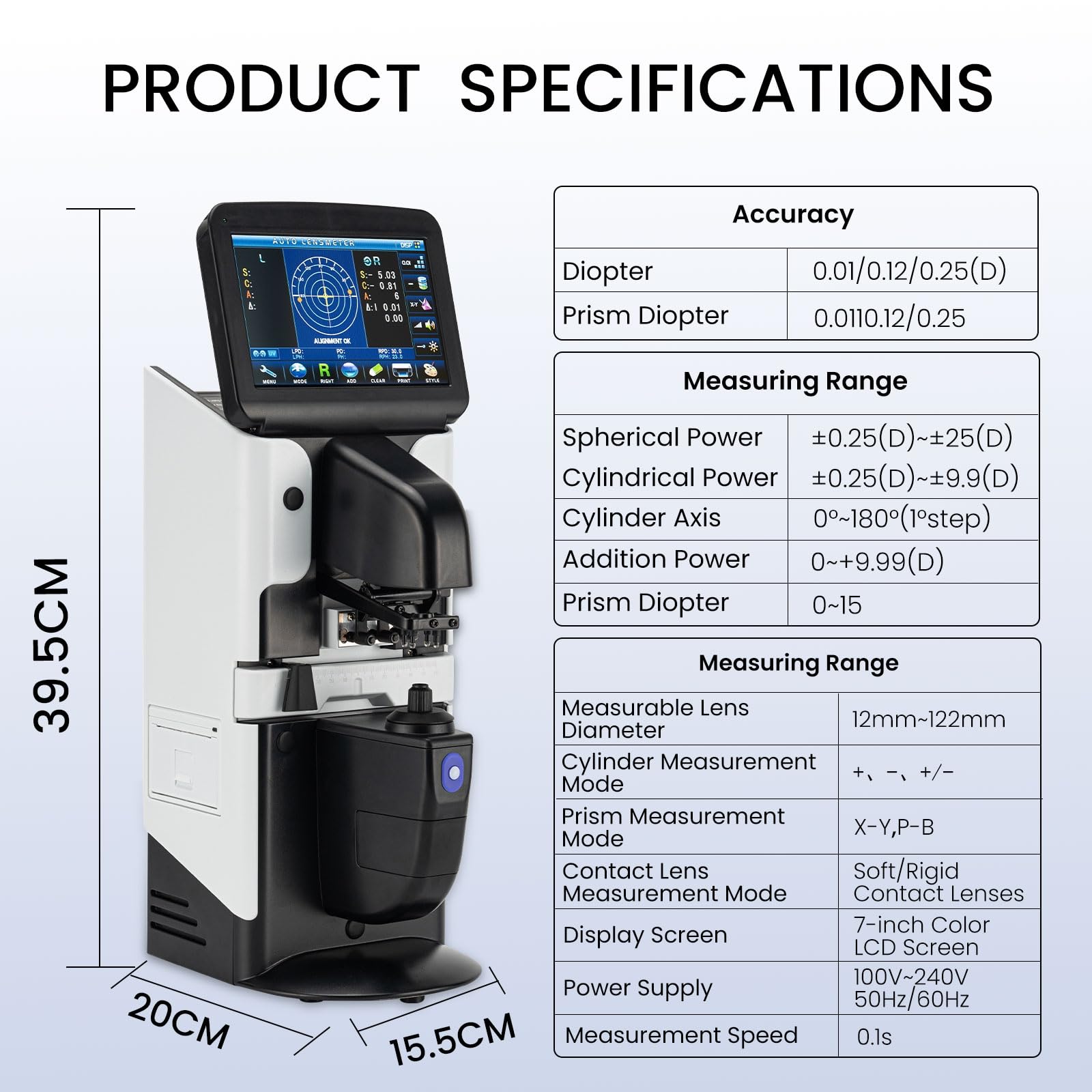 Obiettivo LCD Focimetro Lens Meter 7 "Schermo Touch Screen Focimetro Nuovo Digitale Auto PD UV Stampante PD Meter JD-2600A