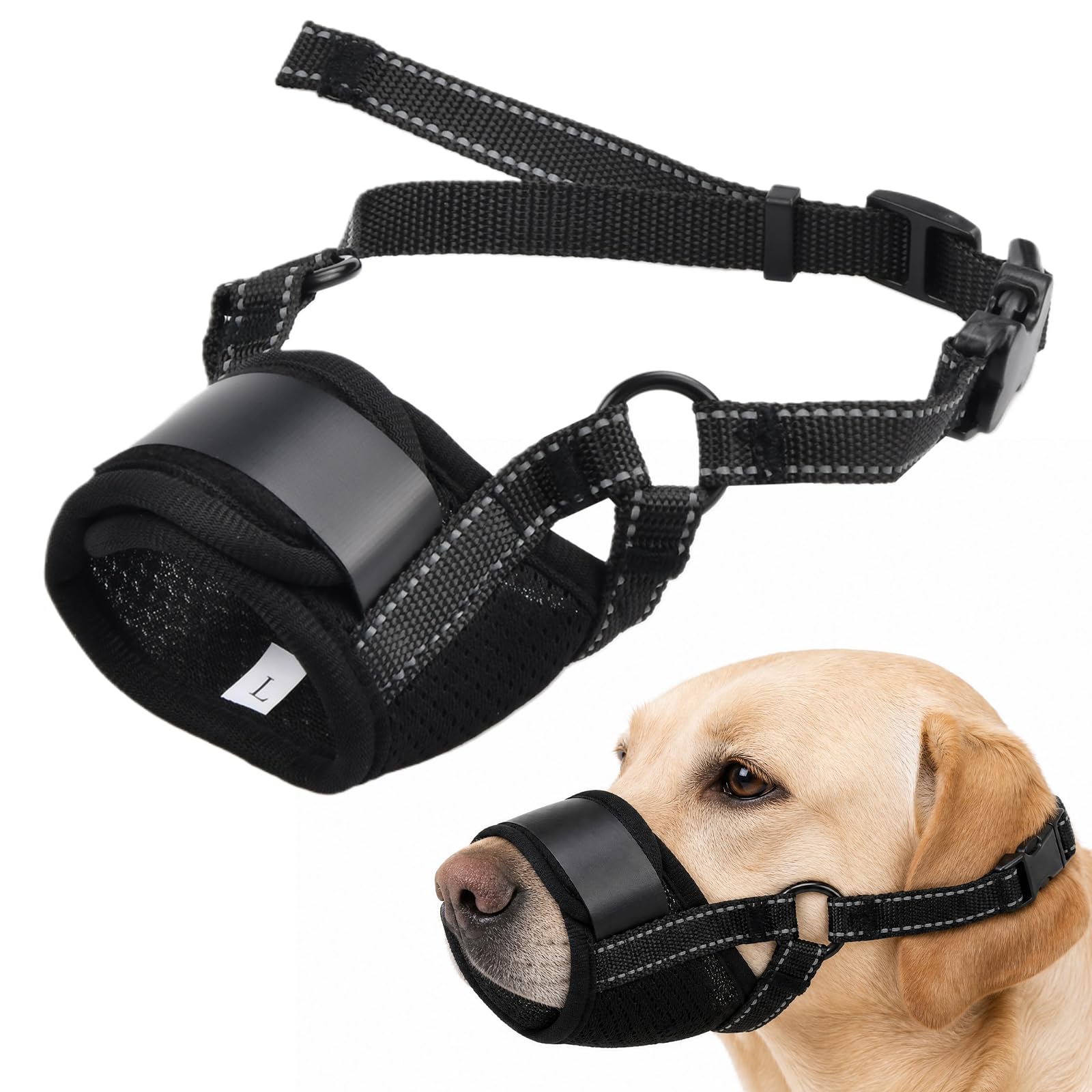 Adjustable Black Cotton Dog Muzzle for Medium Dogs, Anti Bark Muzzle to Prevent Biting and Unwanted Chewing, Soft Breathable Mouth Guard for Safe Walking and Training (Size M)