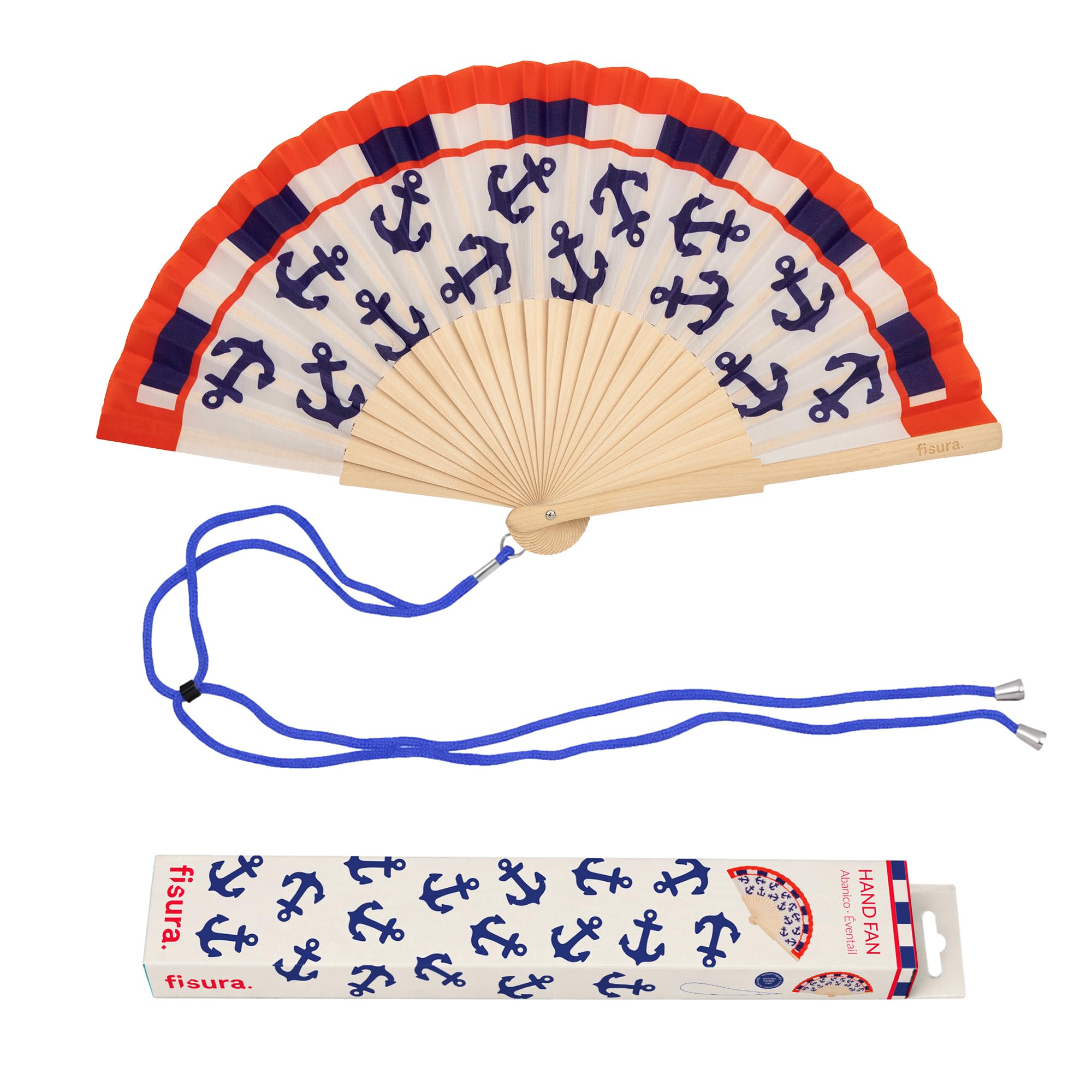 Fisura – Ventaglio in Legno Stile Marinaro Blu e Rosso, Accessorio Estivo Moderno e colorato, con Laccetto Incluso, Idea Regalo Originale, 42,5 x 23 cm