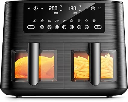 9L Dual Zone Air Fryer with Viewing Window, Oil Free Fryer with 2 Drawers, 9-in-1 Cooking Programs, Touch Screen, Appointment Function, Low Fat, Dishwasher Safe