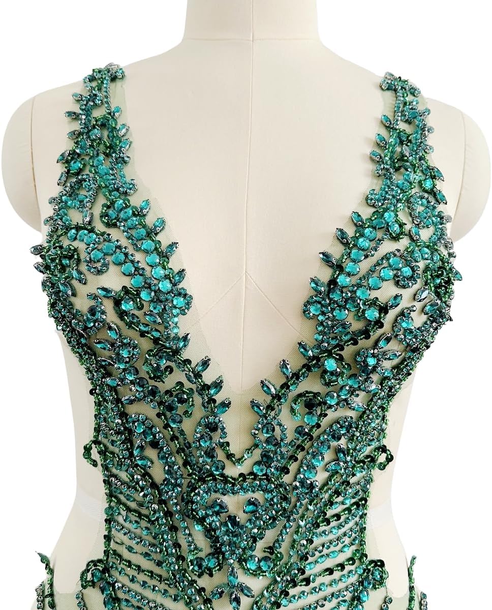 Large Size Rhinestones Beads Bodice Applique handsewing Shining Acrylic Stones Trim lace Patches for Wedding Graduation Dress Accessories 31X13.7inches (Deepgreen)