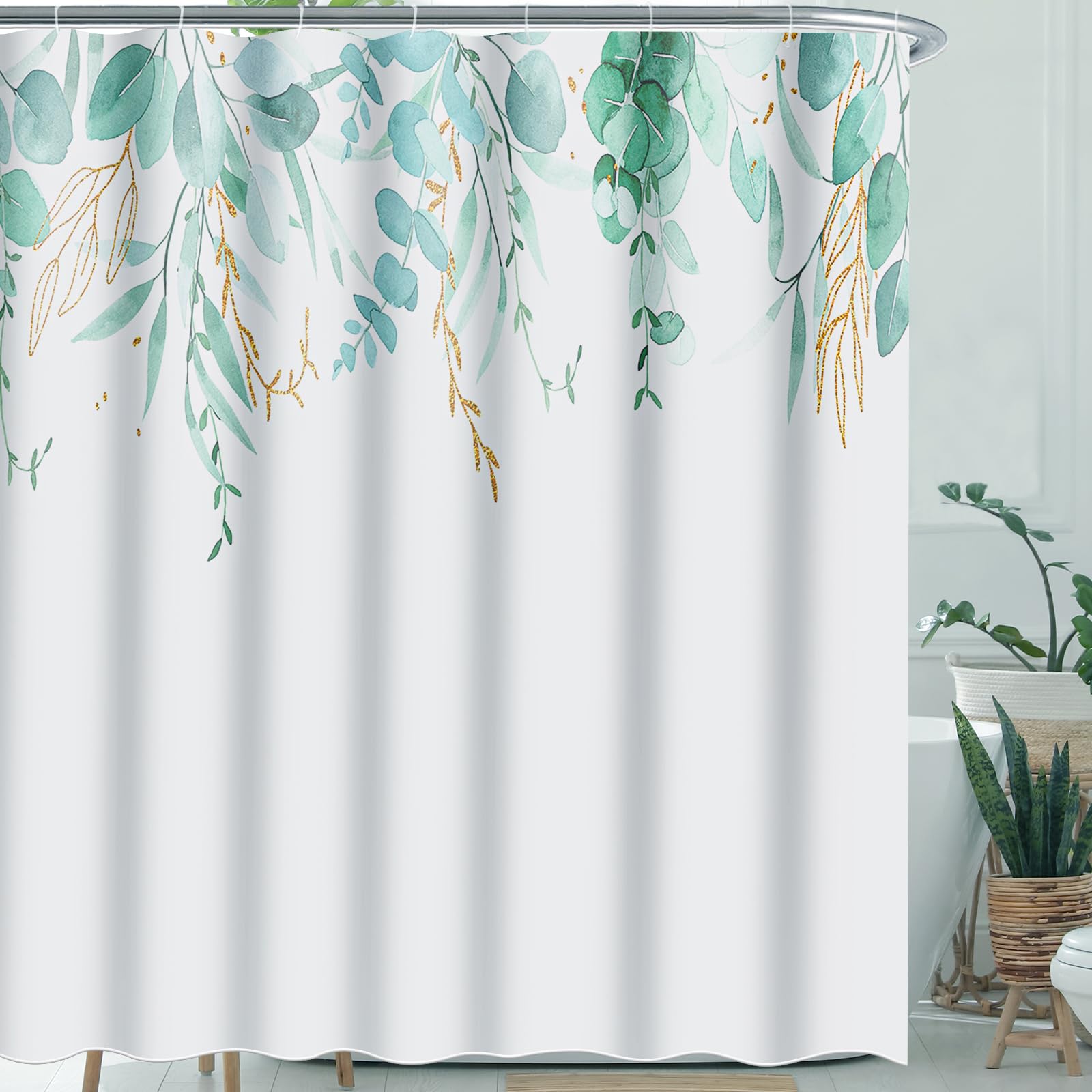 Feagar Duschvorhang 180x200 – Grün-gelbem Blätterdesign, Wasserdicht, Anti Schimmel, Schnell Trocknend – Waschbar, aus Polyester für Duschvorhang Badewanne und Dusche, mit 12 Ringen