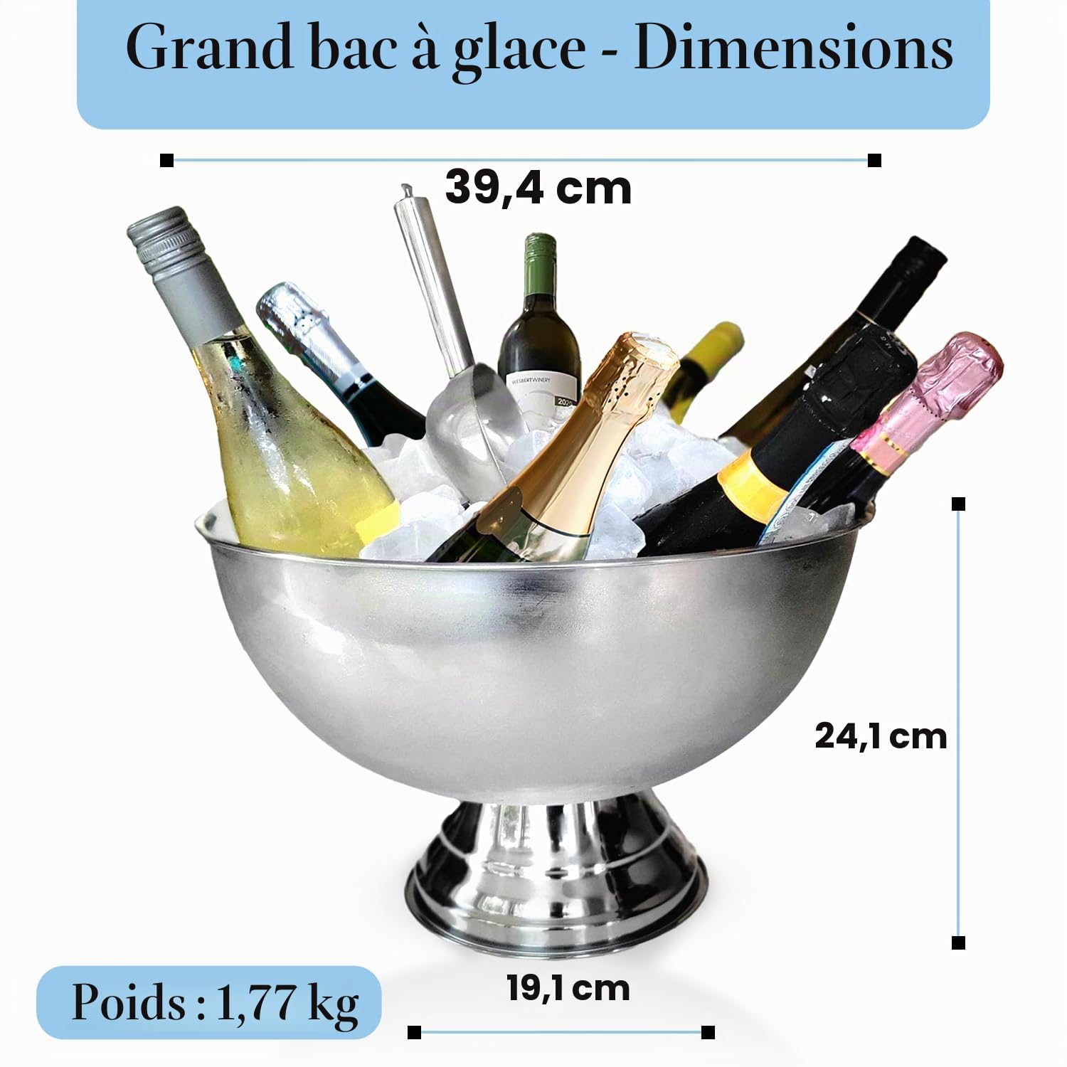 Grand seau à glace de qualité supérieure de 12 L pour fêtes – 40,6 x 40,6 x 25,4 cm – Seau à boisson en acier inoxydable argenté avec pelle – Seau à glace isotherme pour bar à cocktails, bières et