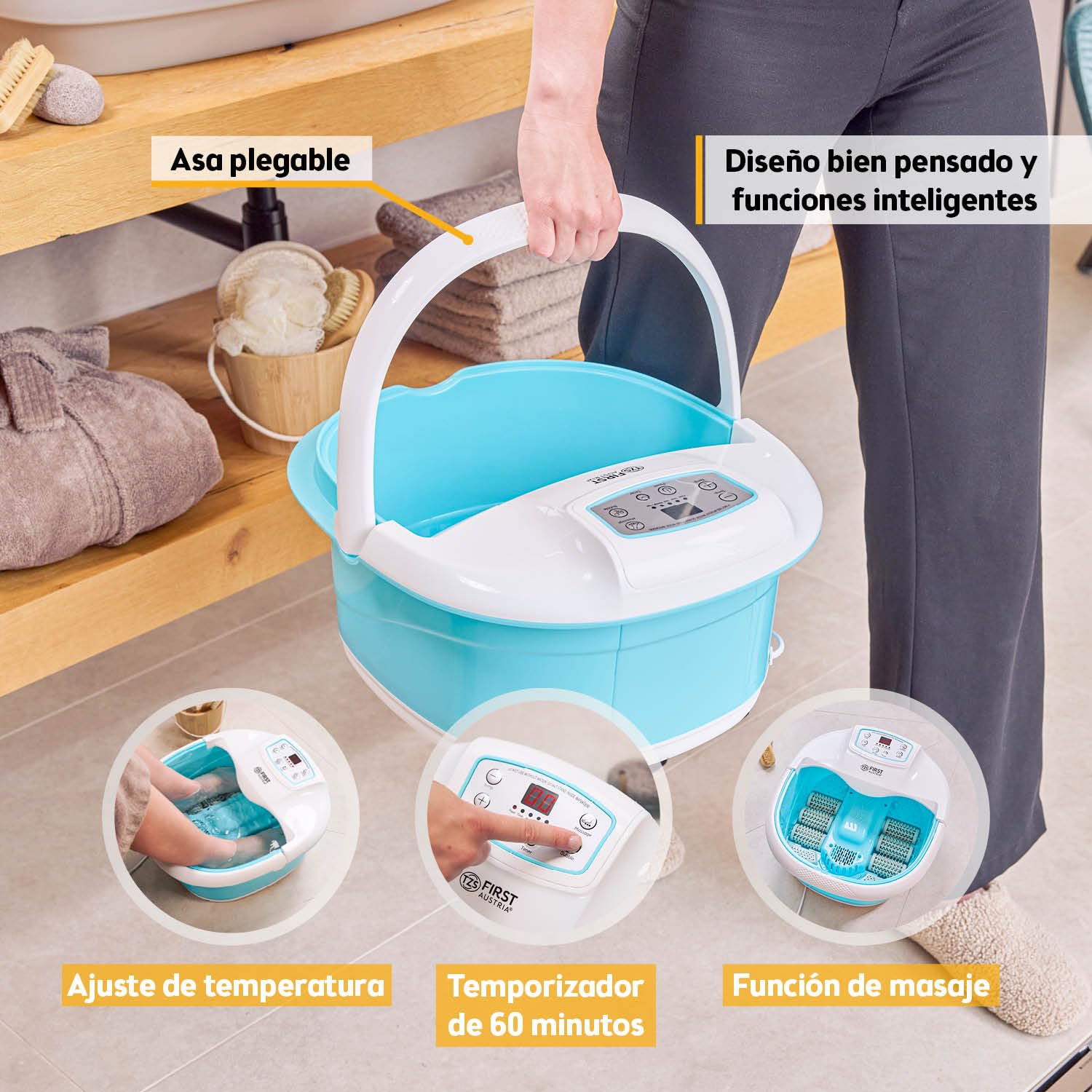 TZS First Austria - Hidromasajeador plantar 450W con 3 programas y 6 rodillos de masaje - Pediluvio eléctrico con masaje de vibración y burbujas de aire, infrarrojos y calefacción - Con temporizador