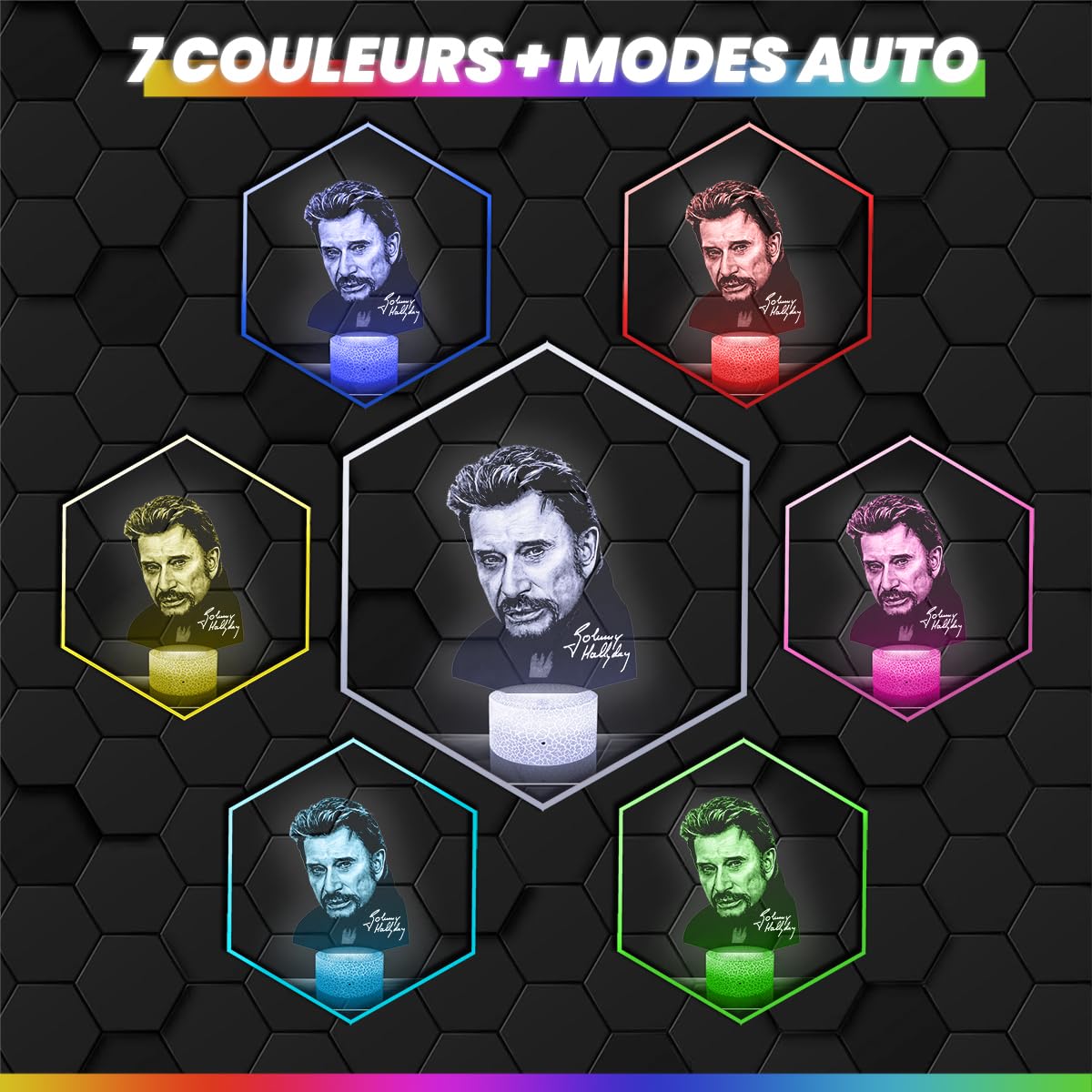 Lampephoto.fr - Lampe 3D Johnny Hallyday Idée Cadeau Fan Chanson Française, Fan de Johnny Hallyday, Veilleuse Tactile Led Illusion, Effet Hologramme 3D, Idée Cadeau Noël Anniversaire Garçon TOP
