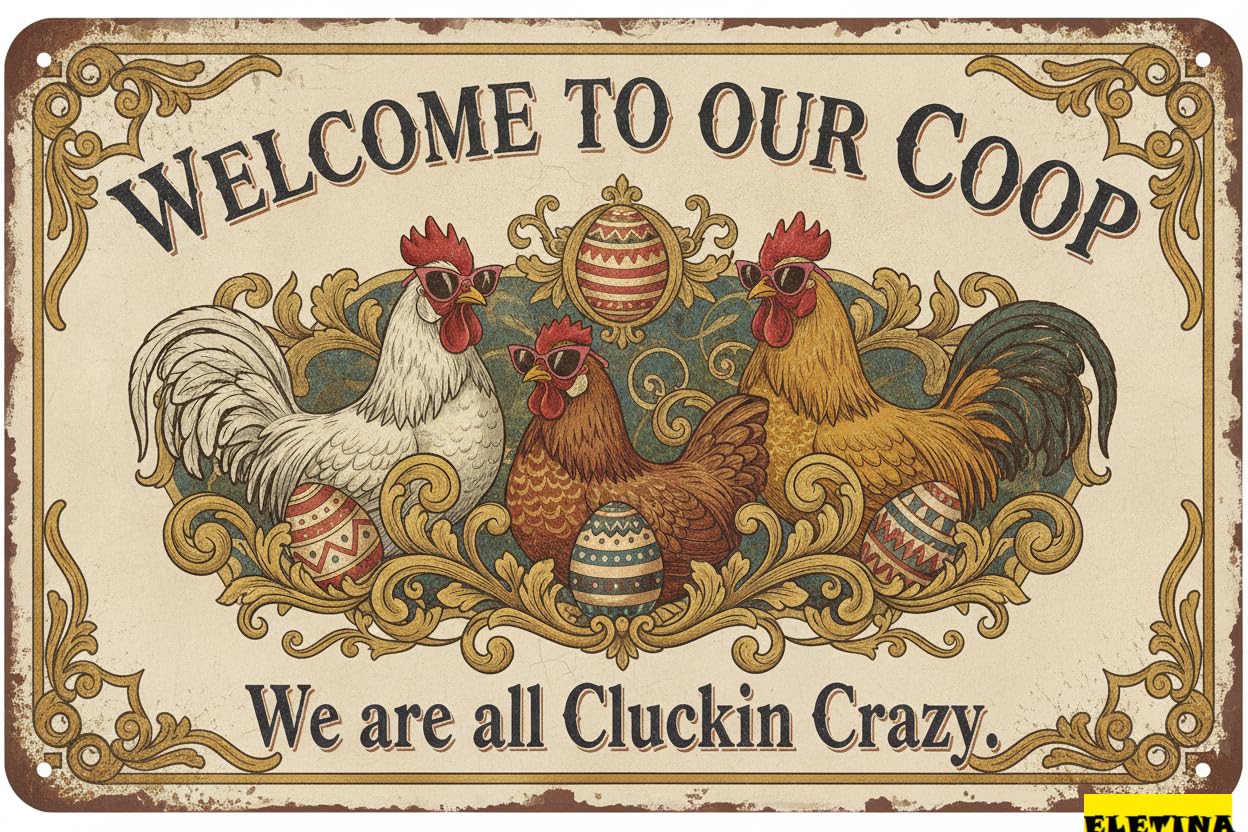 Welcome To Our Coop Chicken Tin Sign, 8x12 Inch Decor