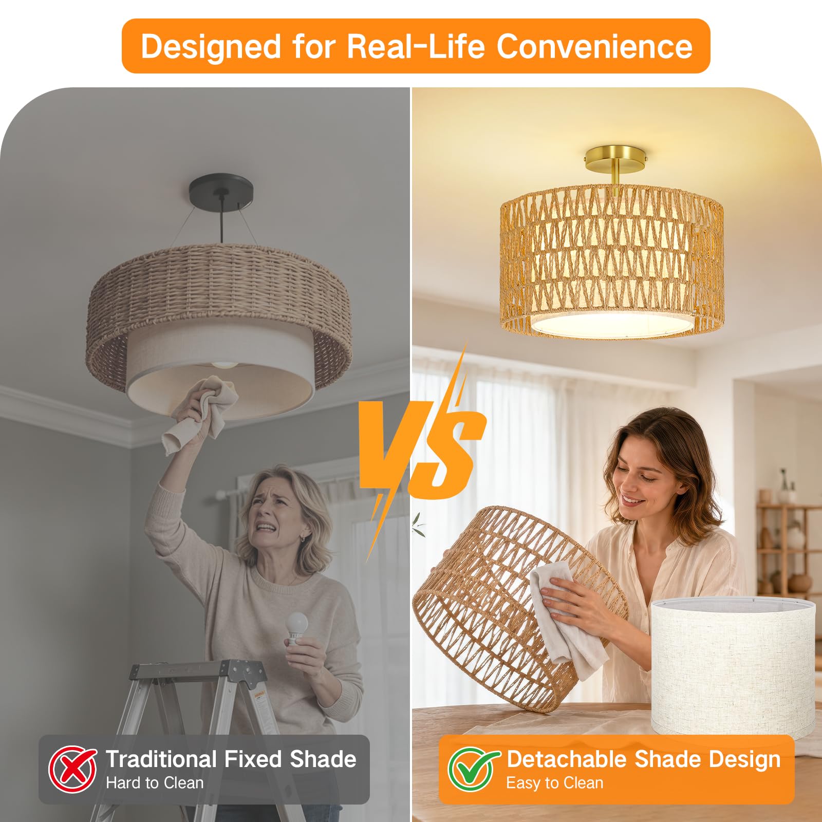 OUTON Plafoniera Boho in Rattan, 3 Luci, Ø43 cm, Dorata | Rattan naturale e paralume interno in tessuto, per soggiorno, camera, cucina e sala da pranzo, 3 x E27, lampadine escluse