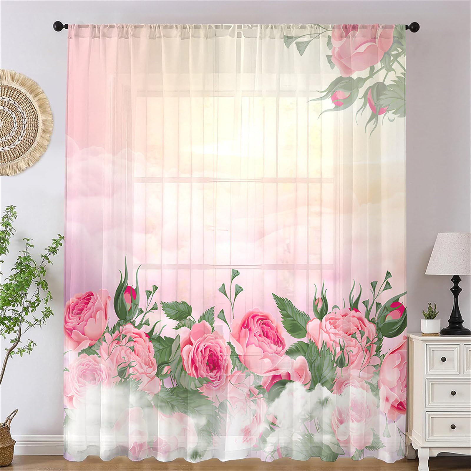 Surwin Net Curtains for Windows, 1 Panels Voile Curtain, Flower and Bird Series with Eyelets, Semi Transparent Lightweight Voile Panel for Living Room Bedroom Balcony (Pink 4,W132xH213cm)