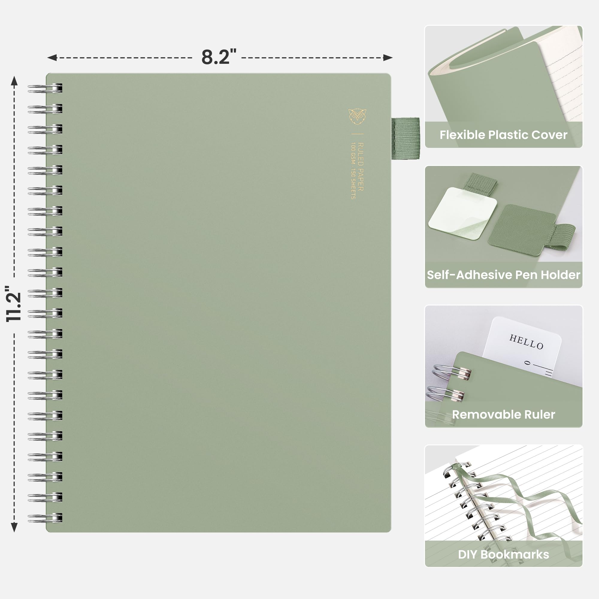 EMSHOI Journal ligné à spirale A4 – Carnet ligné à spirales – 300 pages/150 feuilles – Papier 100 g/m² sans acide – Carnet de notes imperméable à couverture souple pour l'école, le travail et