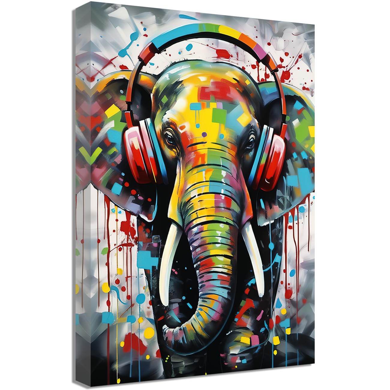 LMYSXAOZ Elephant Canvas Wall Art Colorful with Headphones Picture Prints Funny Animal Headphone Graffiti Poster for Teen Boys Room Decor (Elephant,20.00" x 30.00")