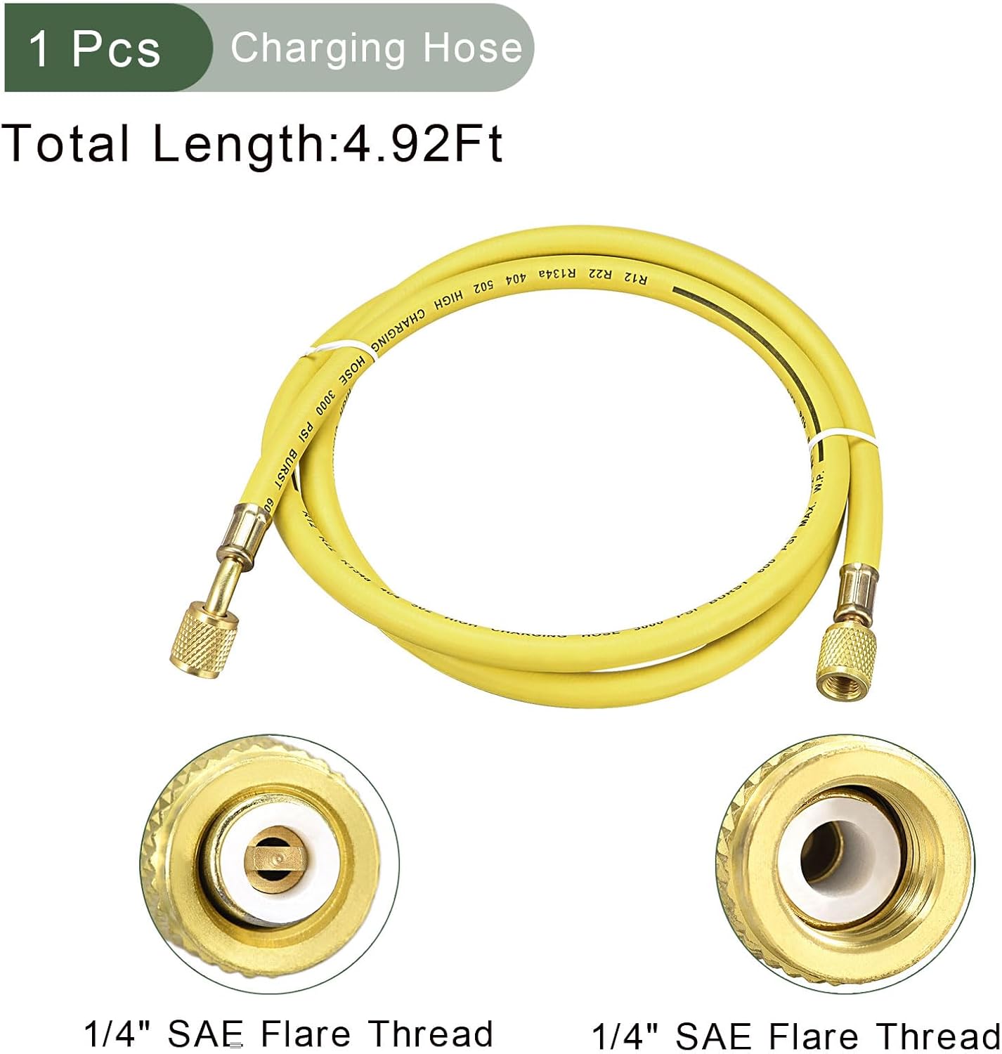 YOKIVE 1/4 SAE Flare AC Refrigerant Charging Hoses, 4.92Ft Length 600PSI Thread | Great for Ir Condition System Maintenance (Yellow, 1.5M)