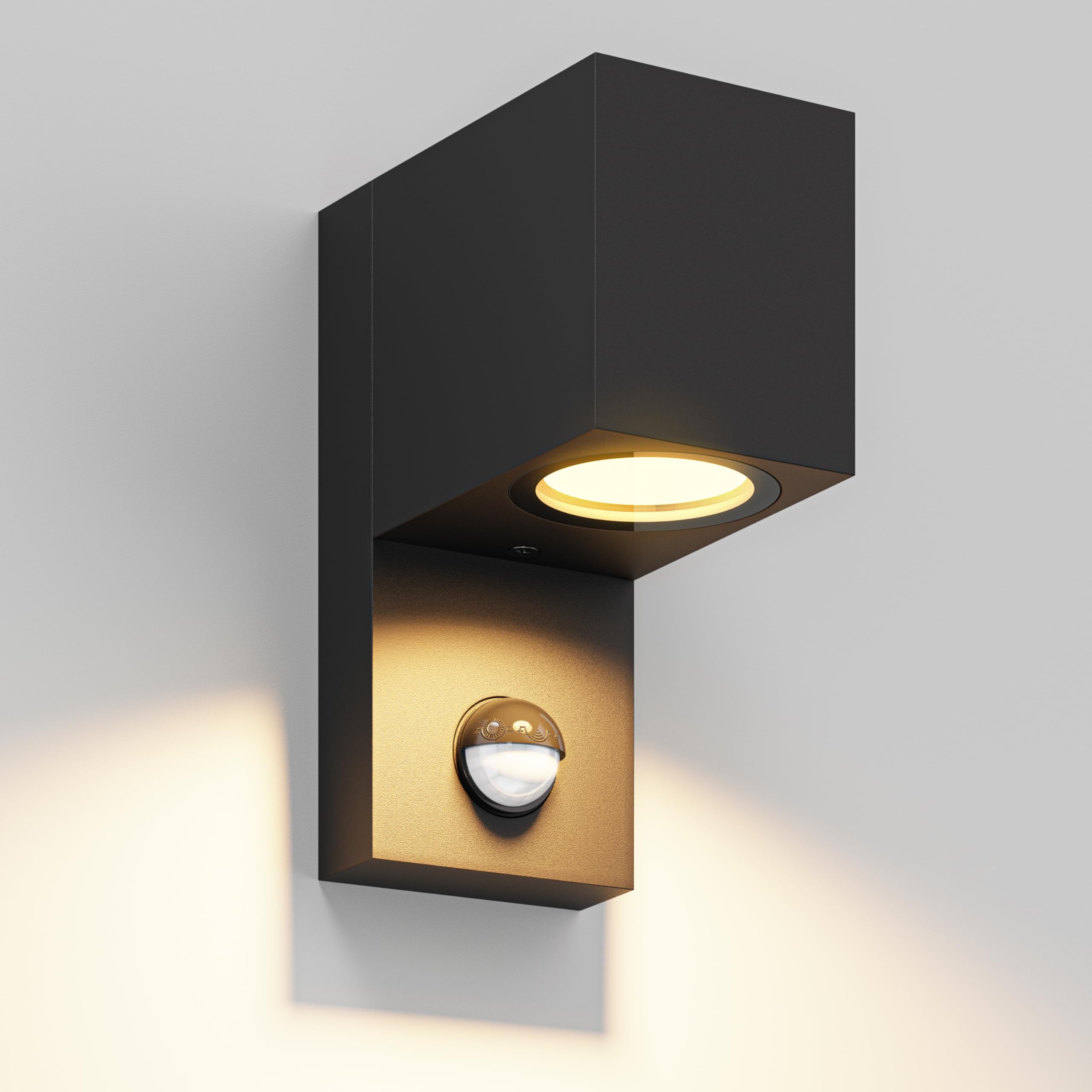 ledscom.de Outdoor wall Light ALSE, IP54, Downlight, PIR Motion Detector, GU10 Socket (max. 15 W), 230V AC, Aluminium, matt Black, Angular, 6.8 x 15.2 x 12 cm