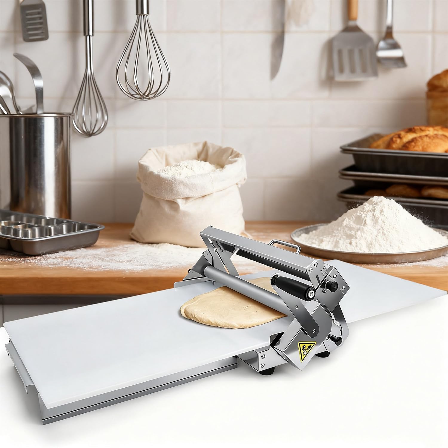 Teigausroll Blätterteig Maschine, Teigausrollmaschine, Mit Großem Ausrollbrett Und 360°-Rollengriff, Einstellbare Pressstärke Von 0-25,0 Mm, Edelstahl 400