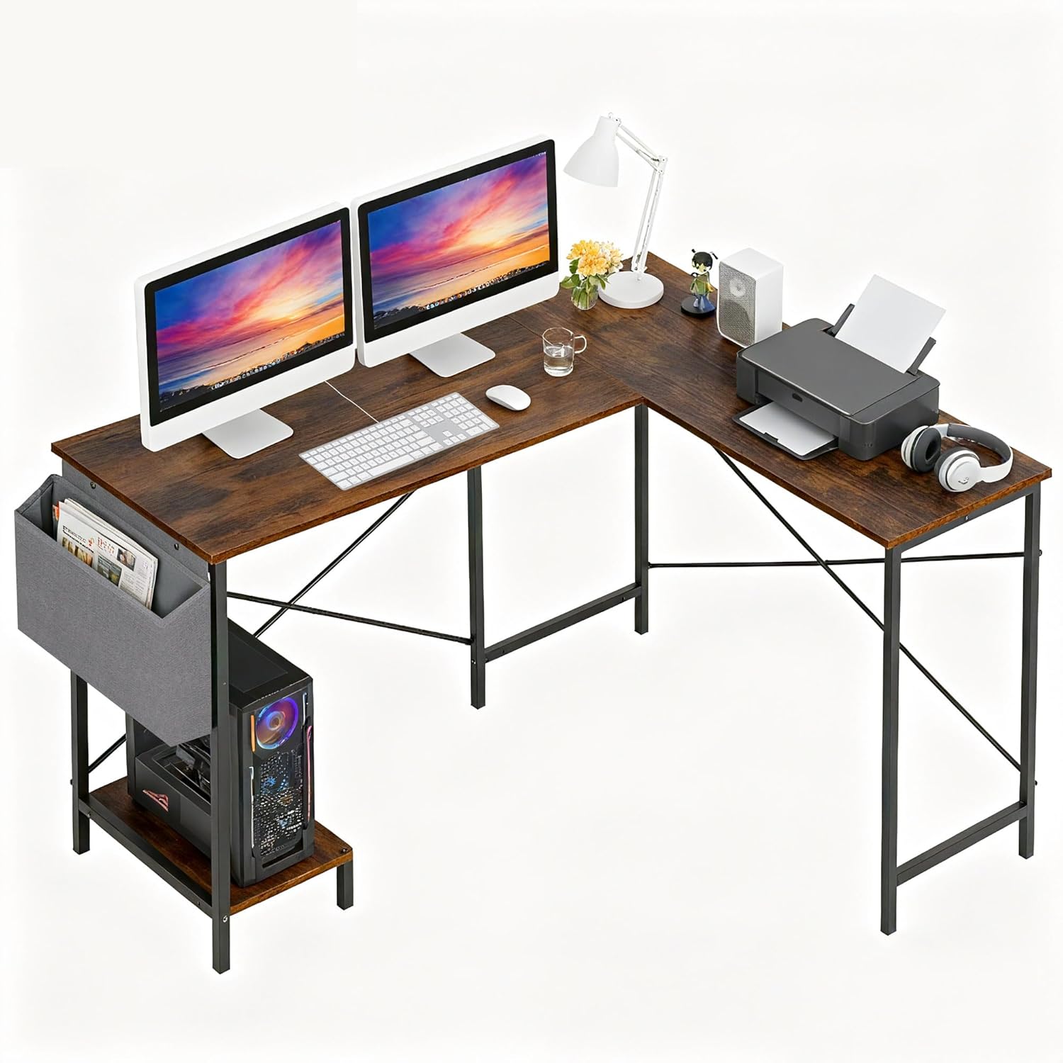 PayLessHere 50 Inch L-Shaped Computer Desk,Gaming Desk with Durable Metal Frame,Corner Desk with Side Storage Bag & CPU Stand for Home Office Gaming Study,Brown