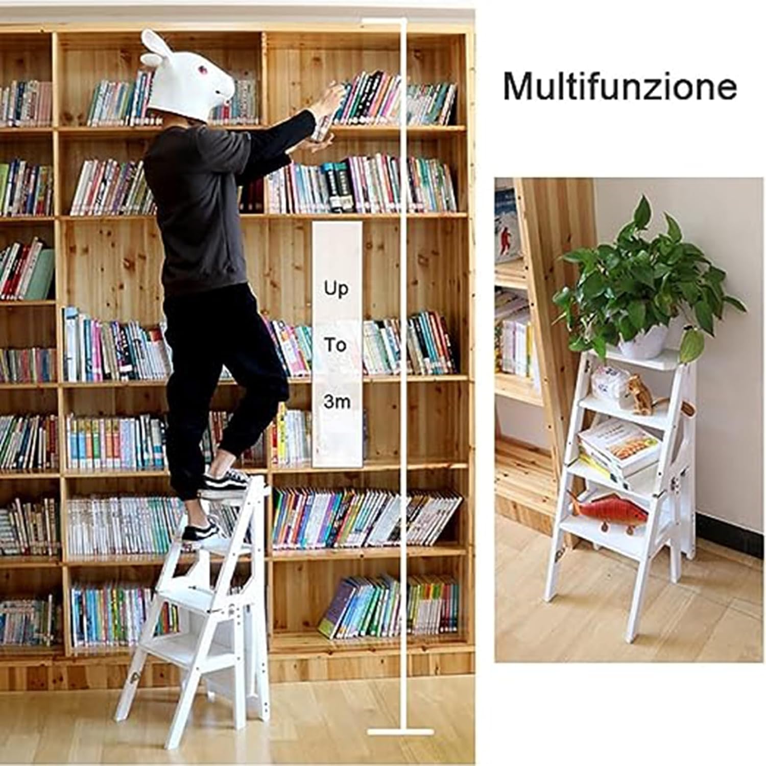 Multifunctional Wooden Folding Ladder Stool Chair Shelf for Bathroom and Home Decor Supports up to 120 Kg