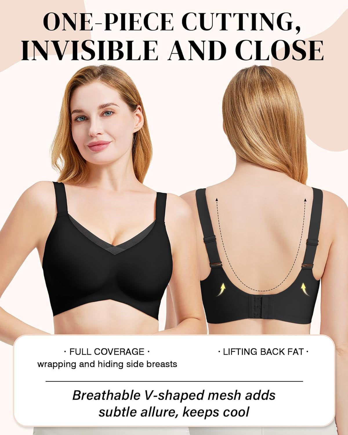 Bras for Women Wireless V Mesh Comfortable Bra Seamless Wire-Free Adjustable Brassiere Full Support Push Up - Image 4