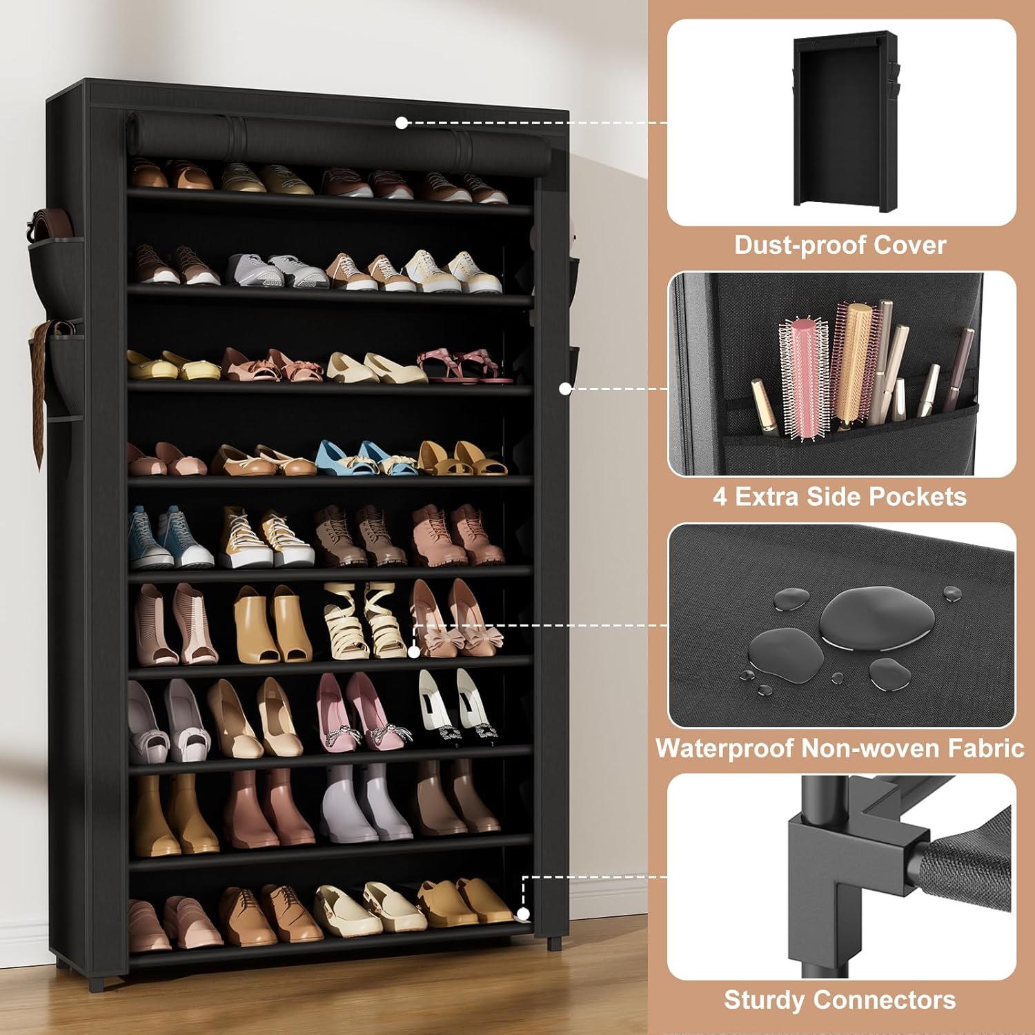 Shoe Rack with Cover Narrow Shoe Organizer with Pockets 10 Tier Tall Shoe Storage Holds 36-41 Pairs Shoes and Boots Shoe Rack for Closet Entryway Garage, Black