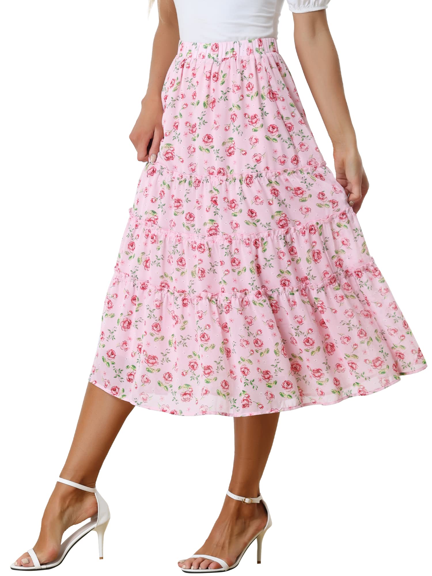 Allegra K Jupe Mi-Longue Femme été Jupe Florale Trapèze Fluide Taille Élastique en Mousseline de Soie pour Vacances