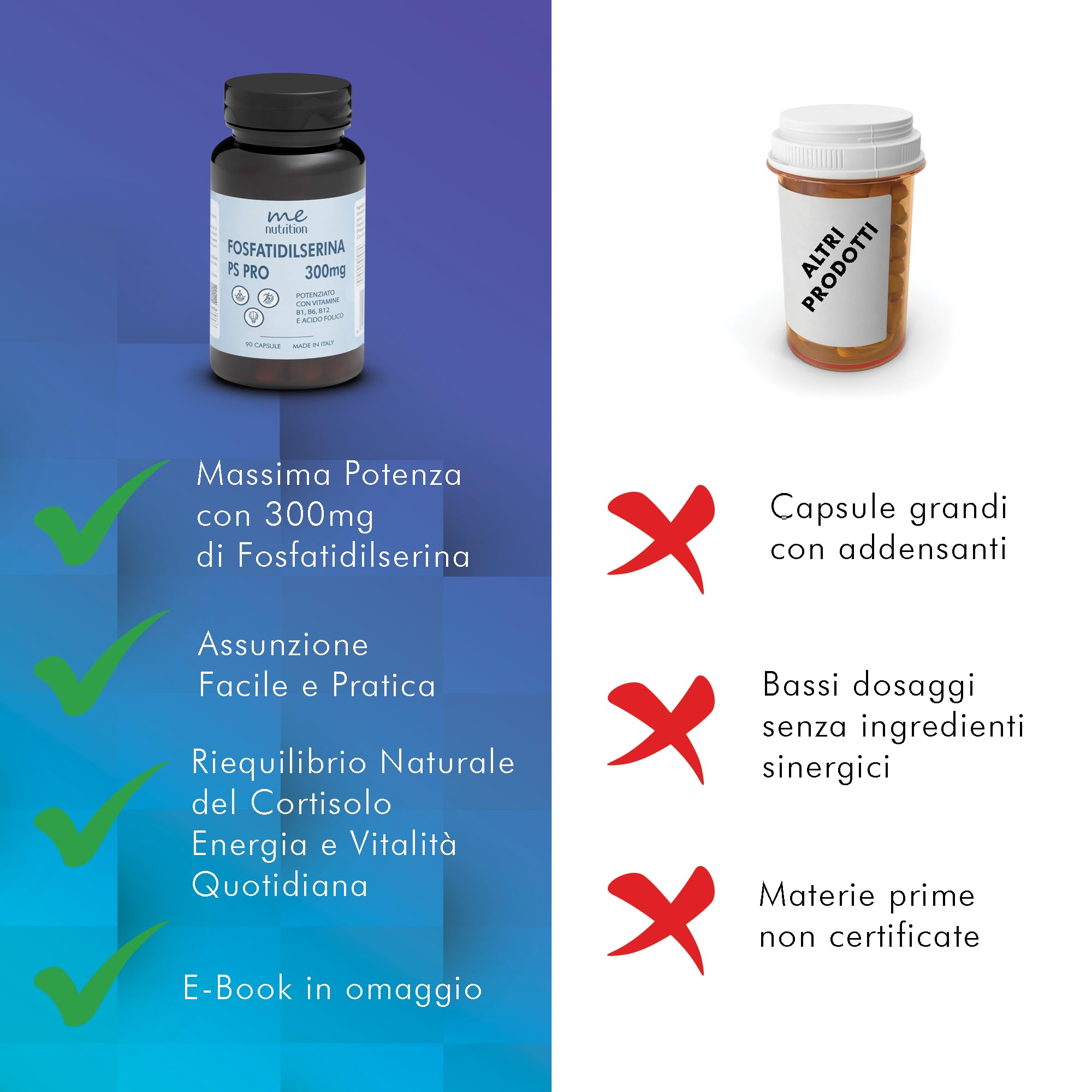 Fosfatidilserina Pura 300mg Contrasta il Cortisolo, Migliora Memoria e Concentrazione, Riduce lo Stress Integratore Nootropico con Vitamine B1 B6 B12 Acido Folico 90 Capsule Me Myeasy 2 Pack