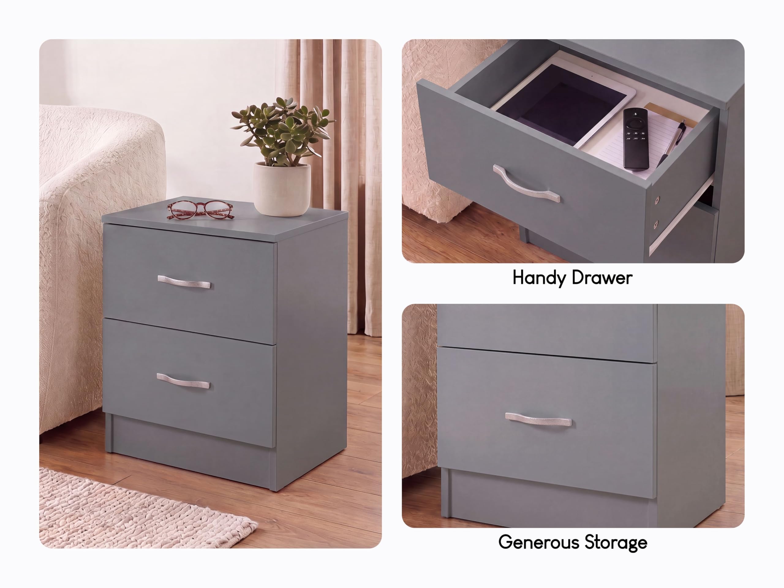 Vida Designs Nachttischkommode, Grau, H 47 x W 40 x D 36 cm Aprox