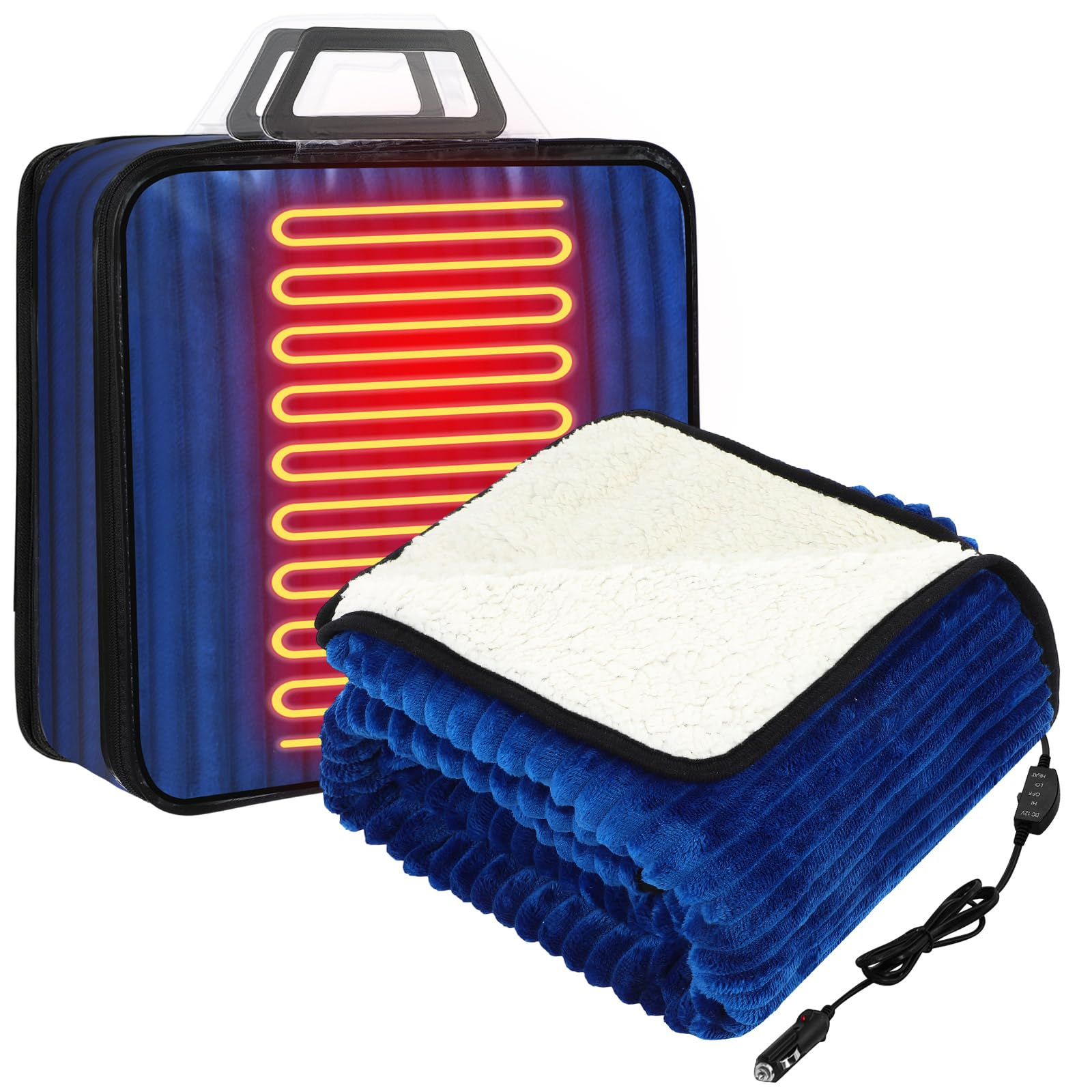 Riakrum 12v Heated Car Blanket 58" x 43", Smoky Blue, Ribbed