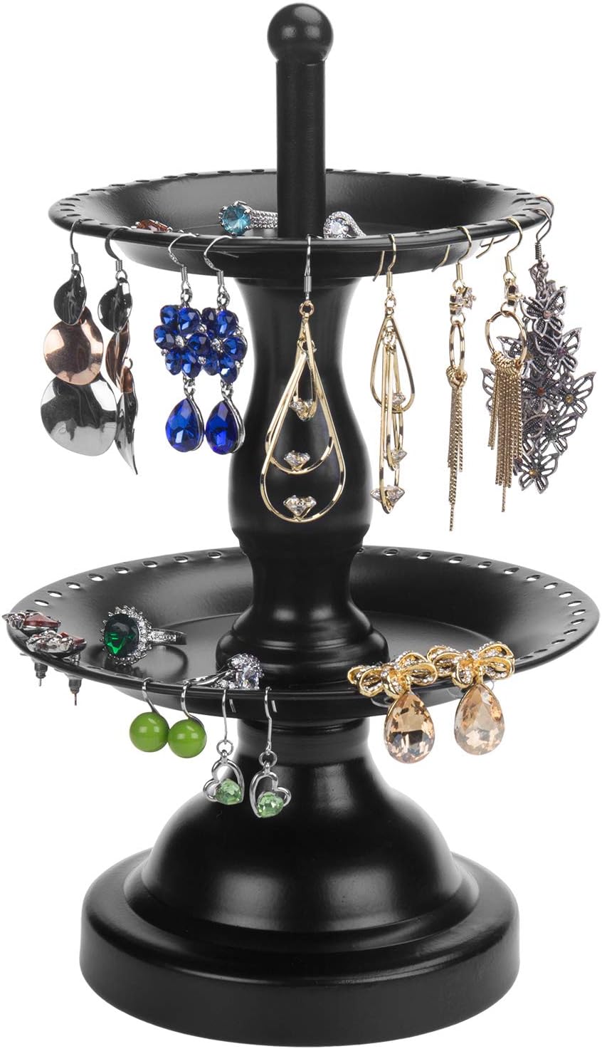 MyGift Earring Storage Rack Organizer, Metal Jewelry Tree, Necklace and Bracelet Hanger with Wooden Ring Tray Trinket Holder - Holds 68 Pairs of Earrings (Black-2-Tier)