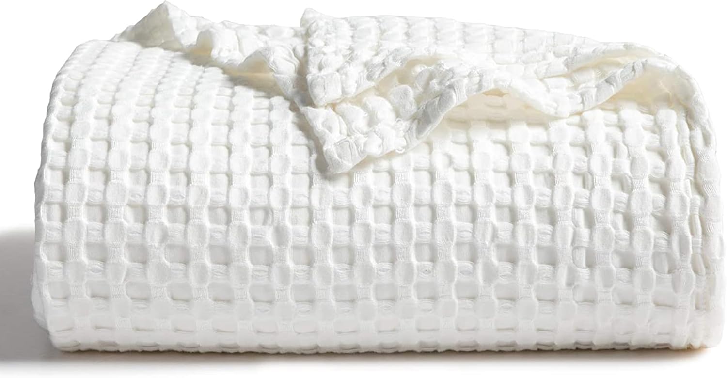 Bedsure Cooling Cotton Waffle Twin XL Blanket - Lightweight Breathable Blanket of Rayon Derived from Bamboo for Hot Sleepers, Luxury Throws for Bed, Couch and Sofa, Ivory, 66x90 Inches