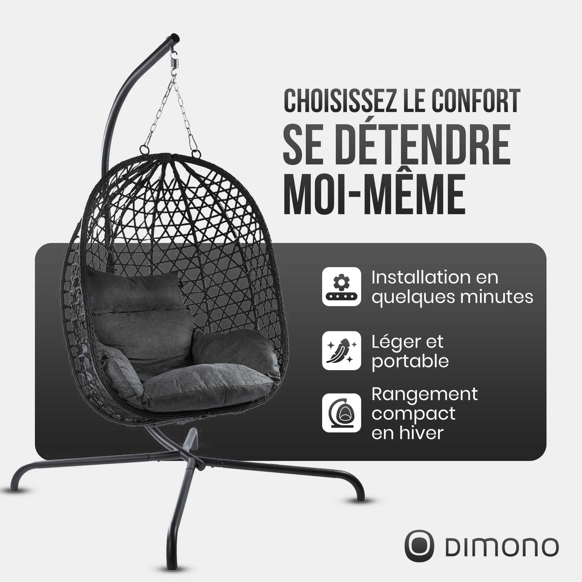 Chaise Suspendue avec Support ; Fauteuil de Relaxation en rotin Suspendu Outdoor & Indoor ; Balançoire Egg idéale pour Le Jardin, la terrasse, Le Coin Lecture UVM. Capacité de Charge de 120kg (Gris)