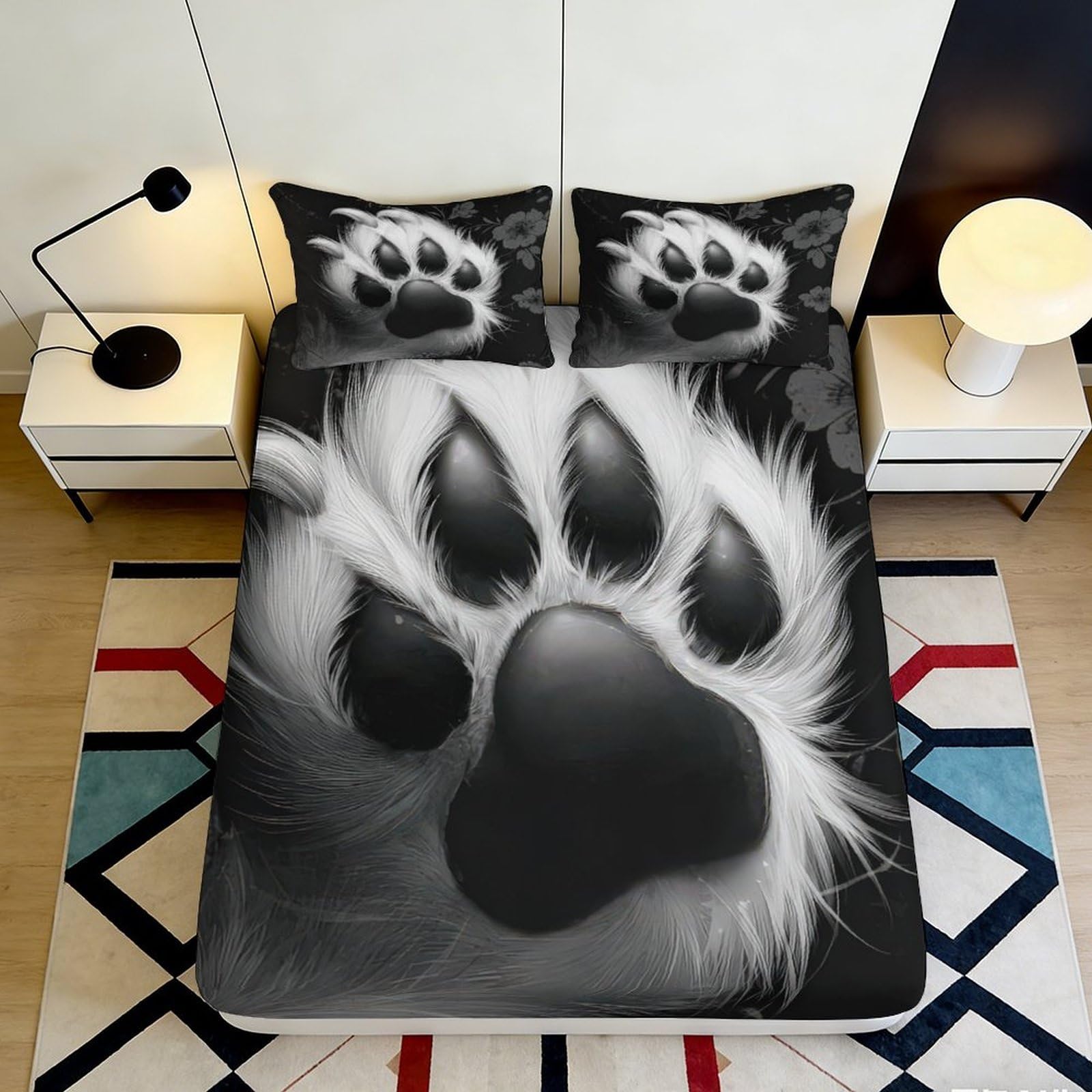 3D Printed Black Paw Fitted Sheet Microfiber Soft Animal Claw Bed Sheet for Bedroom Guest Room Easy Care Decor 90x200x25cm