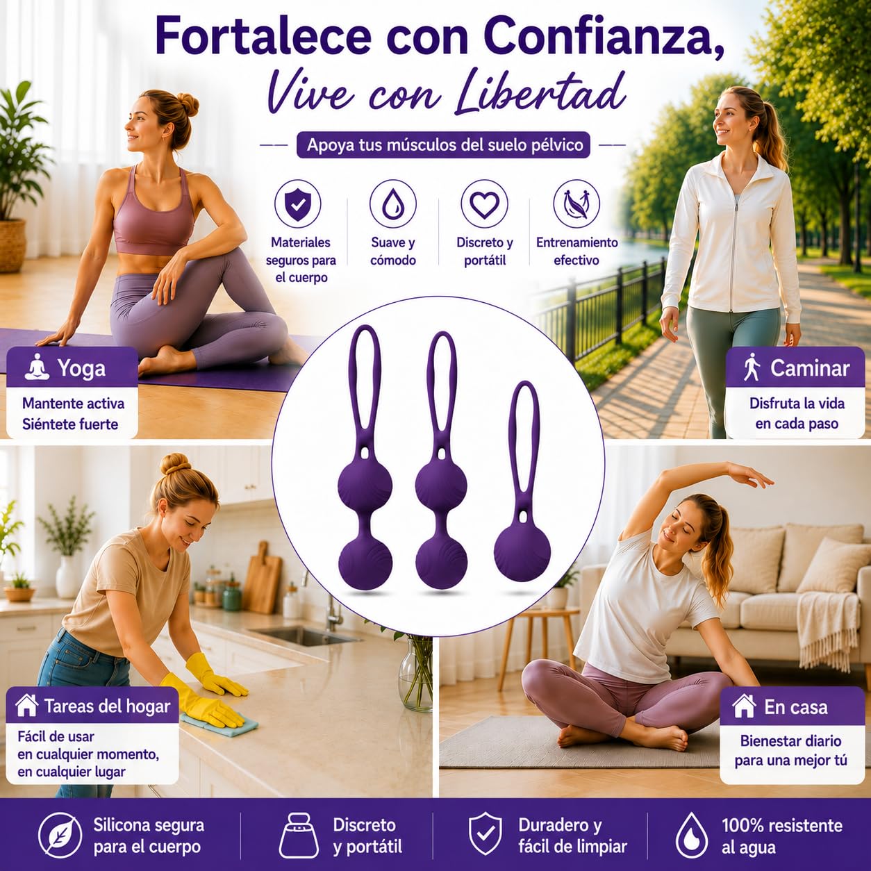 Bolas Chinas - Pesas para Ejercicios Kegel - Control de la Vejiga y Ejercicios del Suelo Pélvico Silicio de próxima generación -Silicona (Morado) (Morado)