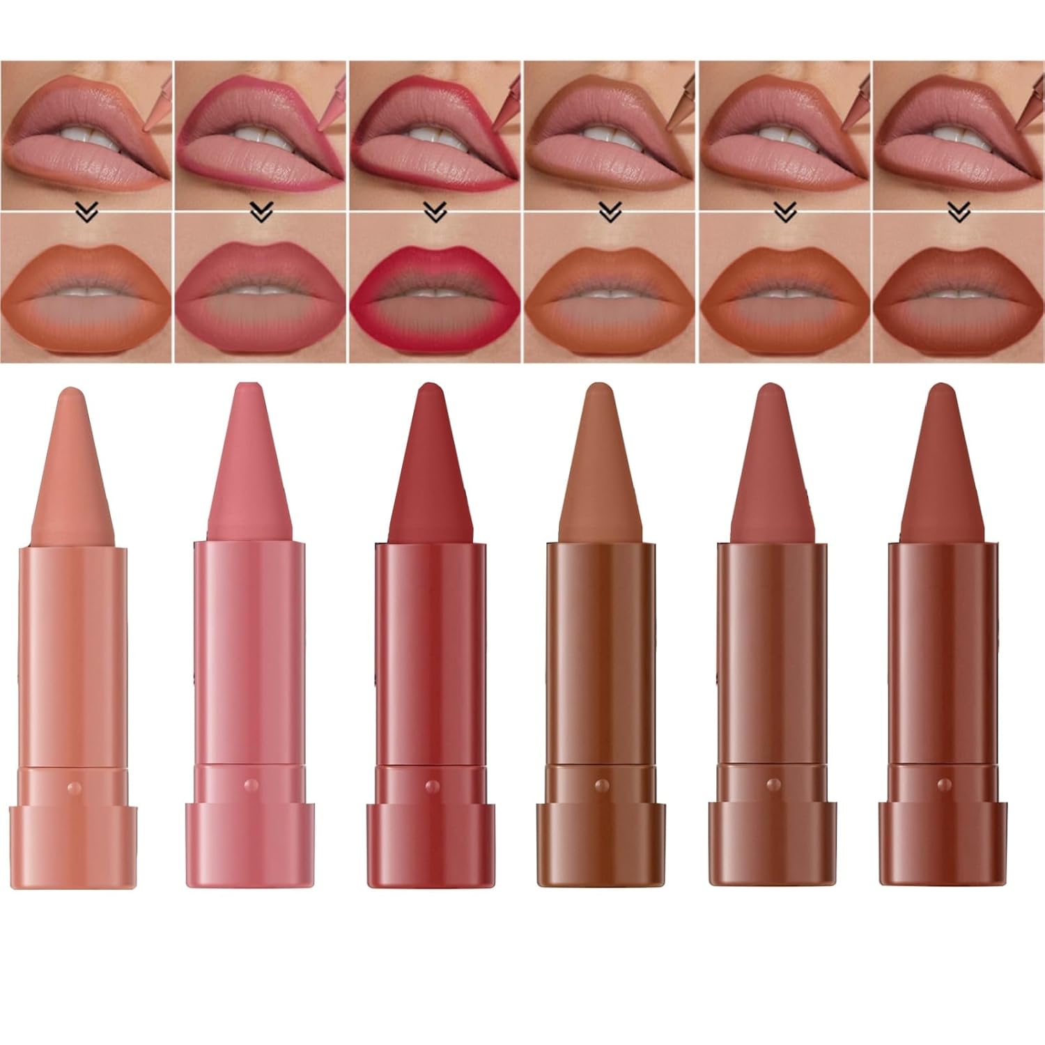 Jolilab 6PCS Lip Liner Lipstick Mini Set, Gradient Matte Nude Velvet Lip Liner Pencil High Pigmented Long Lasting Natural Smooth Lip Makeup Easy-to-Use Crayon Form and Cone Tip