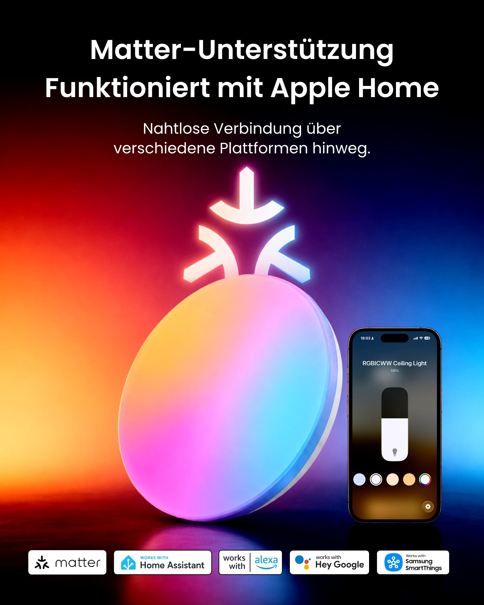 SwitchBot RGBICWW Deckenleuchte 30cm, Matter-Zertifizierte LED Deckenleuchte Dimmbar 2000LM, 2700–6500K, 20W, Kompatibel mit Alexa & Apple Home, CRI 90+, Deckenlampe LED für Schlafzimmer, Wohnzimmer