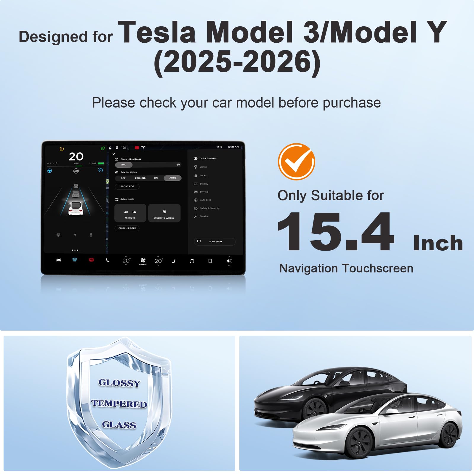 Compatibile con Tesla Model 3 Highland 2024 2025 2026 E Model Y Juniper 2025 15,4 Pollici Central TouchScreen Schermo Pellicola in Vetro Temperato, 9H Antigraffio Anti Impronta