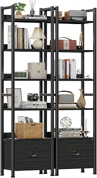 Furologee Book Shelf Set of 2, 6 Tier Tall Shelf with Drawer, Bookshelves and Bookcases Set of 2, Industrial Display Shelving Unit for Bedroom, Living Room, Home Office, Black Oak