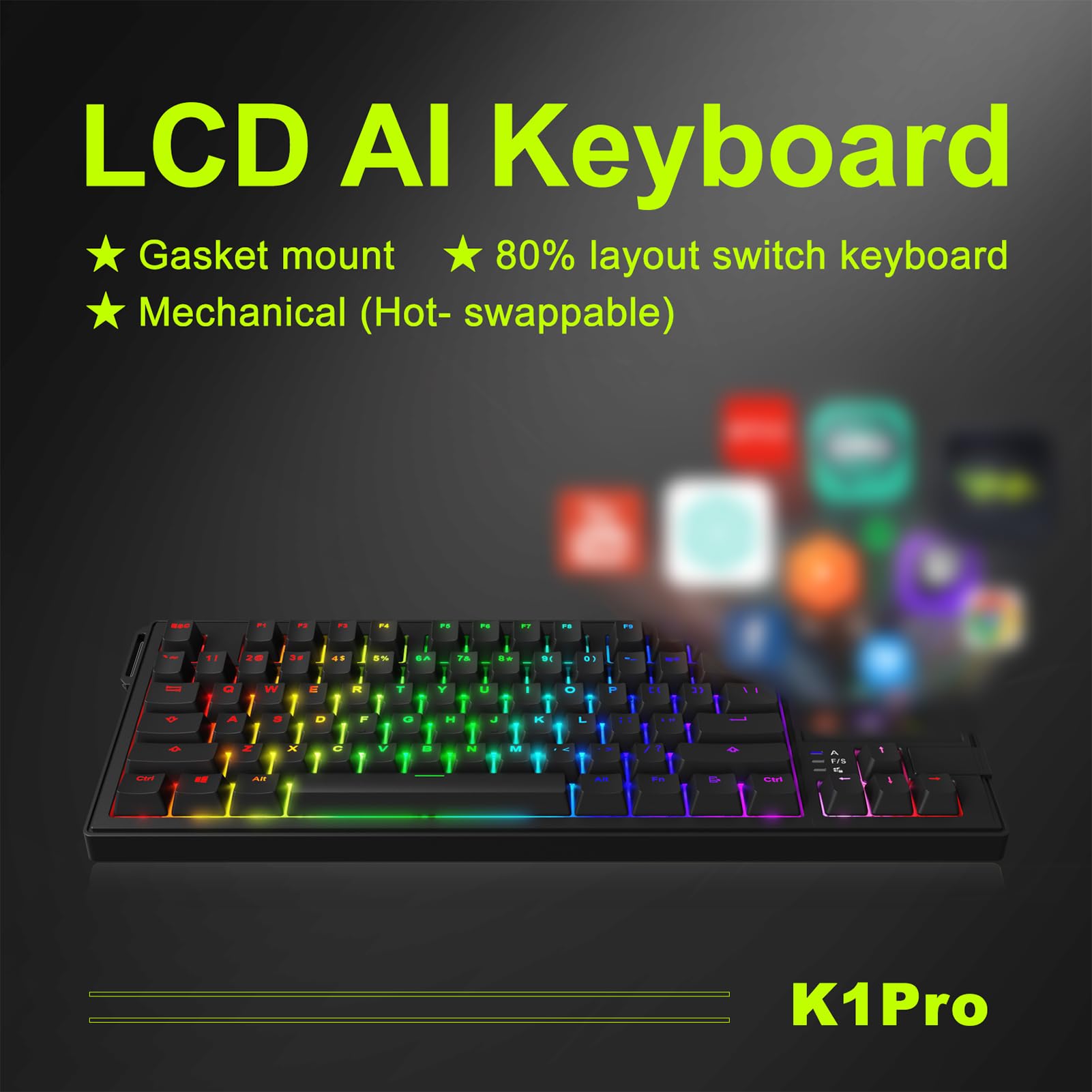 Klawiatura Mechaniczna z 78 Klawiszami, Podświetlany RGB Czerwony Przełącznik z możliwością Wymiany Podczas Pracy z Programowalnym Pokrętłem i Przyciskami, Regulowany Podnóżek do (BLACK)