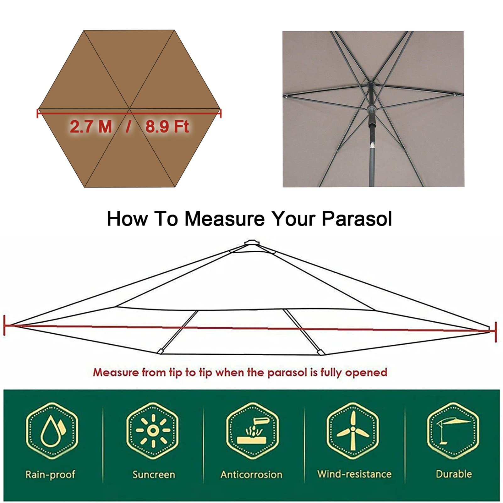 Zapasowy baldachim na 6 żeberek parasol zewnętrzny ochrona przed promieniowaniem UV wodoodporna tkanina pasuje do 2 m/2,7 m/3 m parasol stołowy czarny 2,9 m - pokrowiec