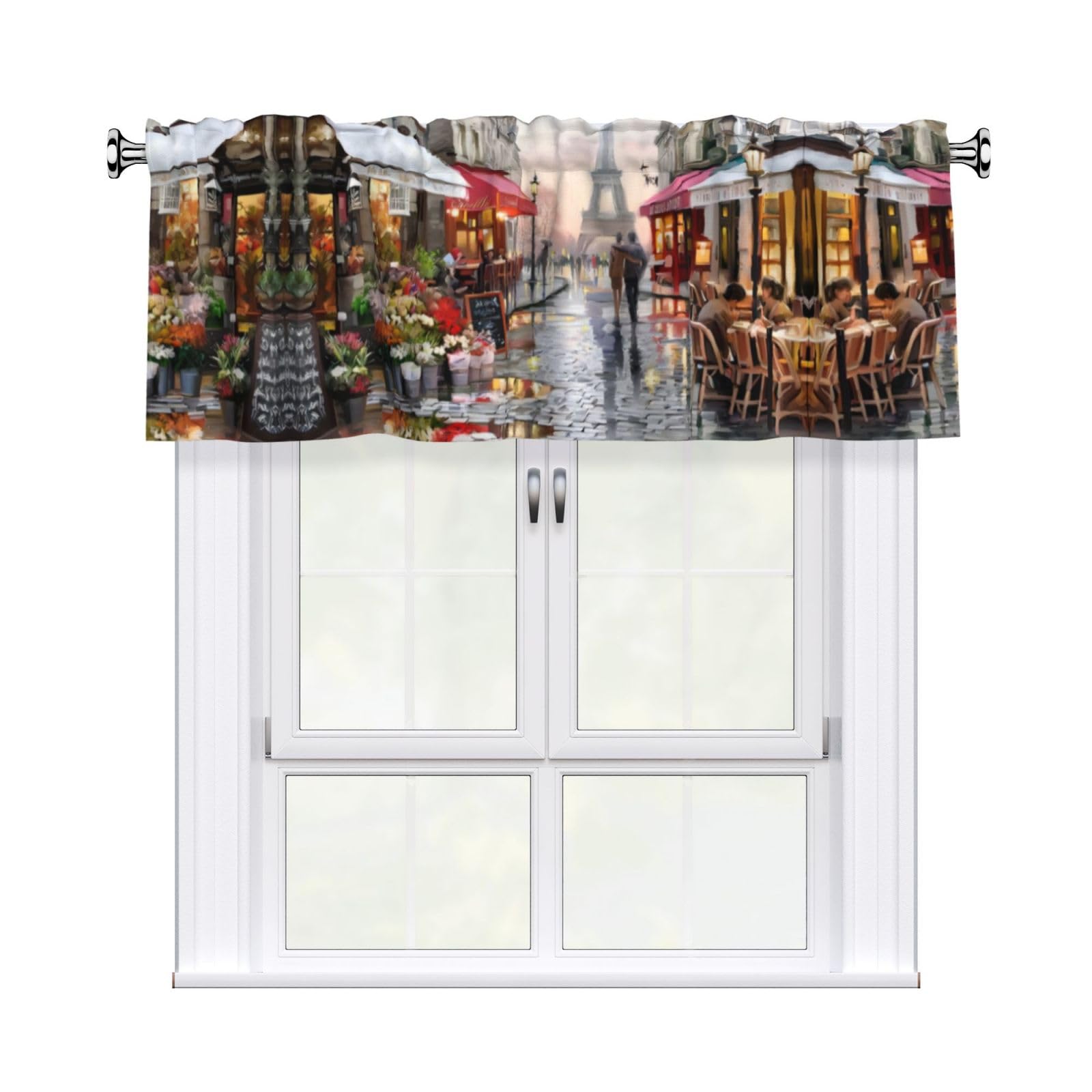 WHJDPP Oil Painting Paris Street Scene Eiffel Tower Prints Curtain Valance 54x18 Inch - Peach Skin Window Cover with Printed Design, Filtering Light for Kitchen Decor