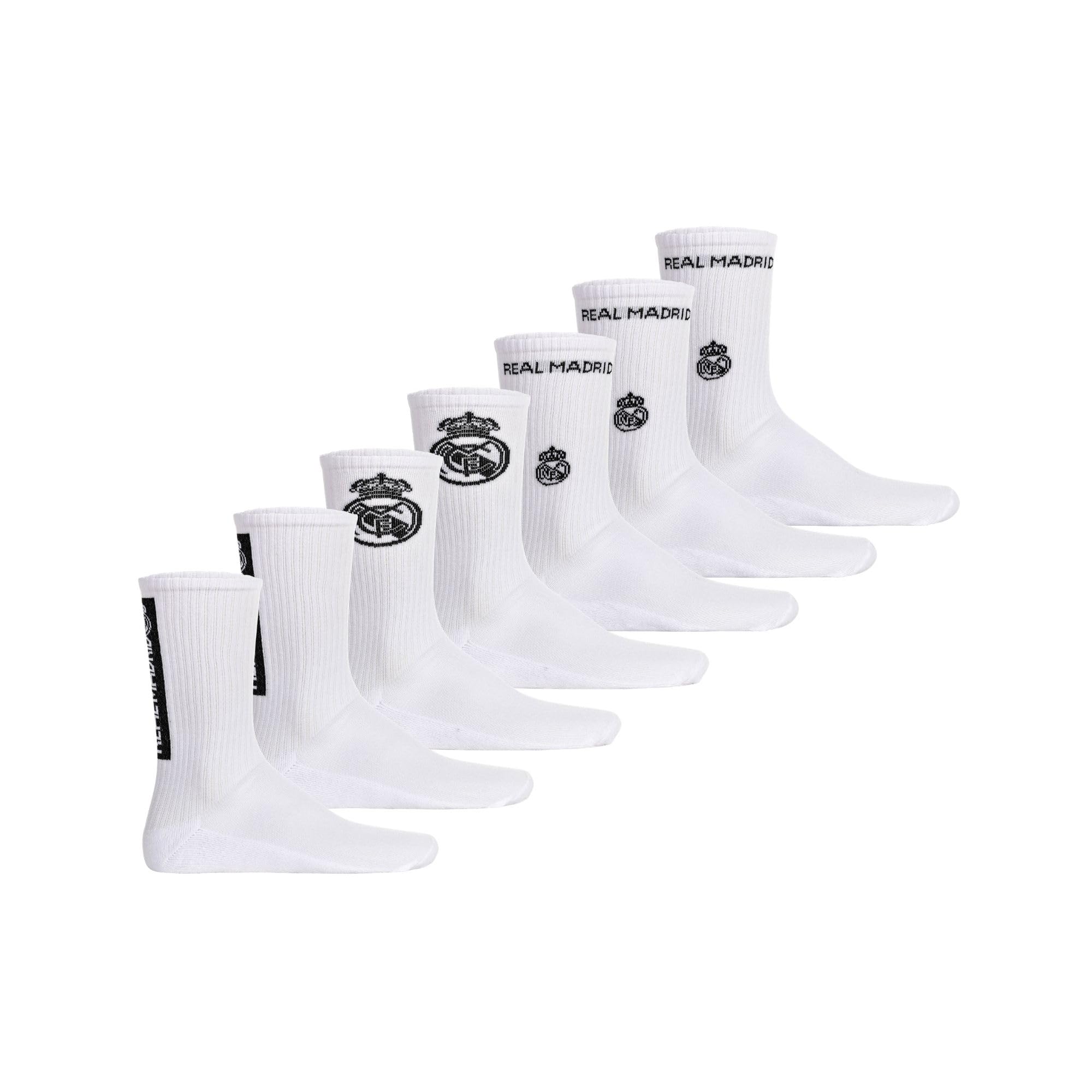 Real Madrid Calcetines Unisex Pack 7 – Producto Oficial con Licencia | Calcetines Deportivos de Algodón Mezcla | Pack Calcetines Hombre y Mujer con Logo Integrado