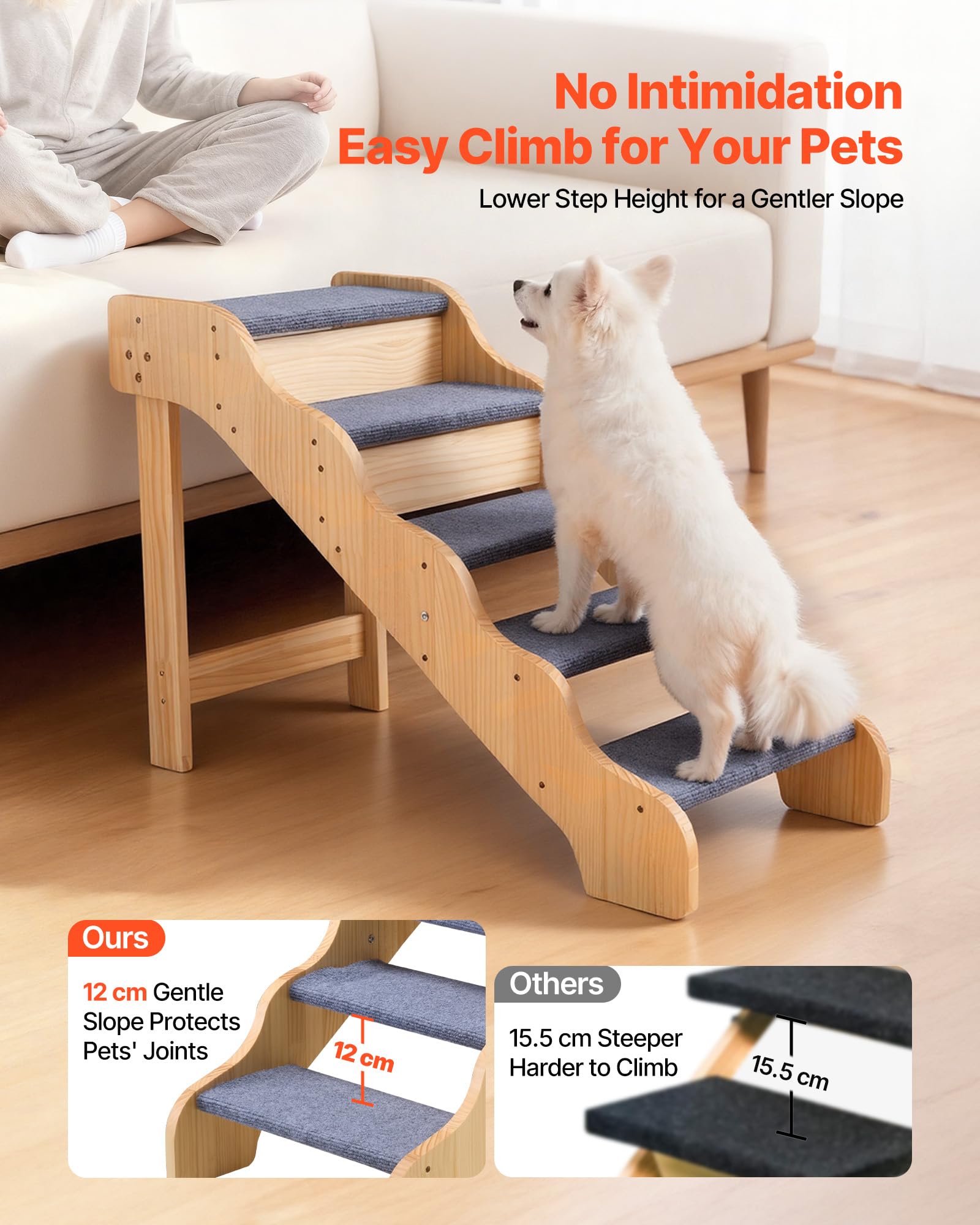VEVOR Escalera para Perros de 910 x 430 x 630 mm, 5 Peldaños, de Madera, para Mascotas Pequeñas, Medianas, Grandes y Mayores, Así como para Cachorros de hasta 68 kg, para Camas, Sofás y Coches