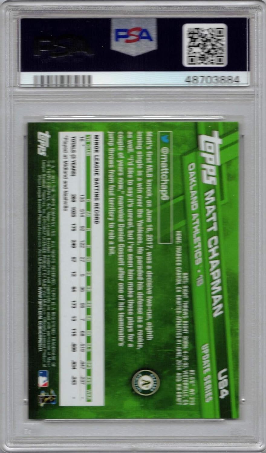 2017 Topps Update Baseball #US4 Matt Chapman Rookie Card Graded PSA 9 Mint