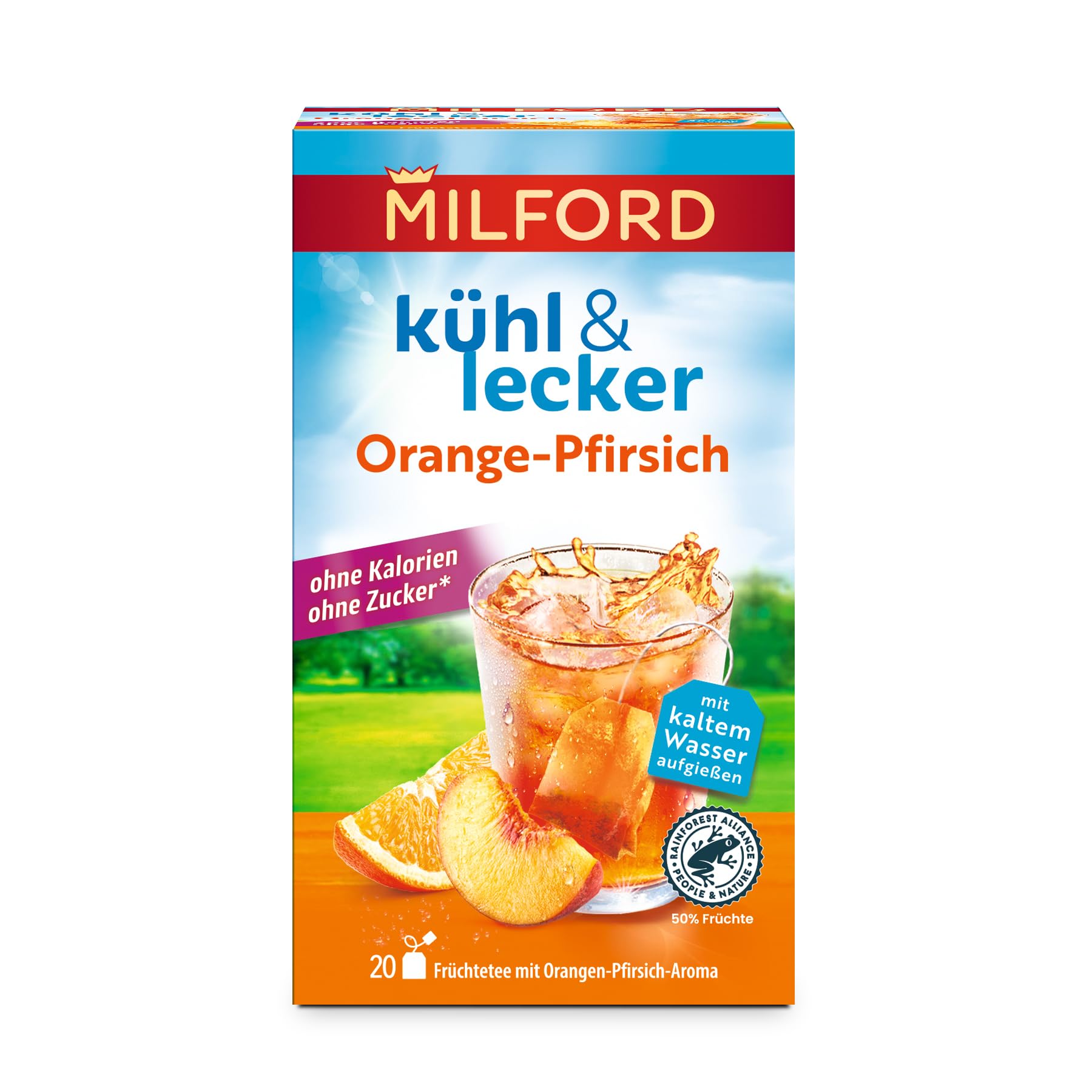 Milford kühl & lecker Orange-Pfirsich | Ohne Kalorien | Ohne Zucker | Laktosefrei | Glutenfrei | Vegan | 20 Teebeutel | 50 g
