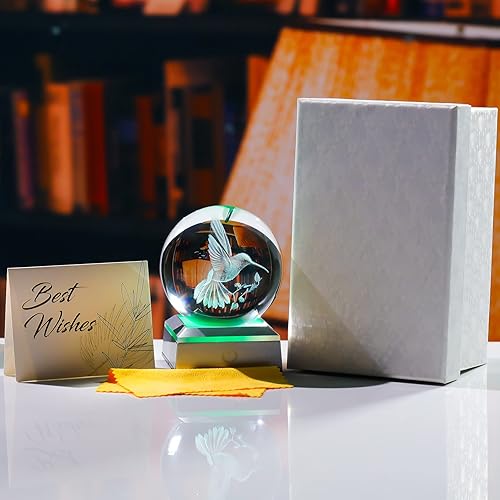 Miniatura 6 de Bola de cristal grabada en 3D colibrí con base LED colorida, ideas de esfera de vidrio de 3.15 pulgadas para amigos, exhibición de decoración del