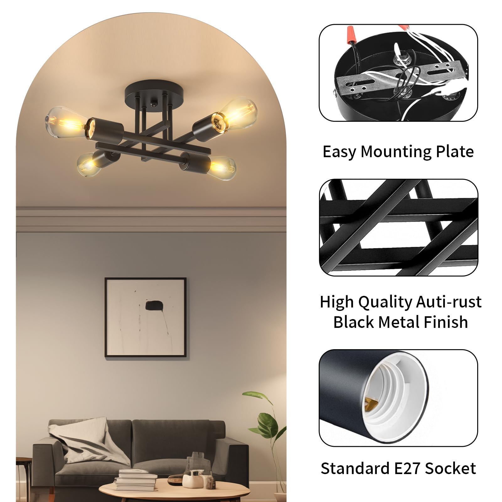 OTREN Lampada da Soffitto Vintage, 4 Fiamme Plafoniera Retrò E27 Lampadario Industriali per Soggiorno Camera da Letto Cucina Sala da Pranzo, Nero(Senza Lampadina)