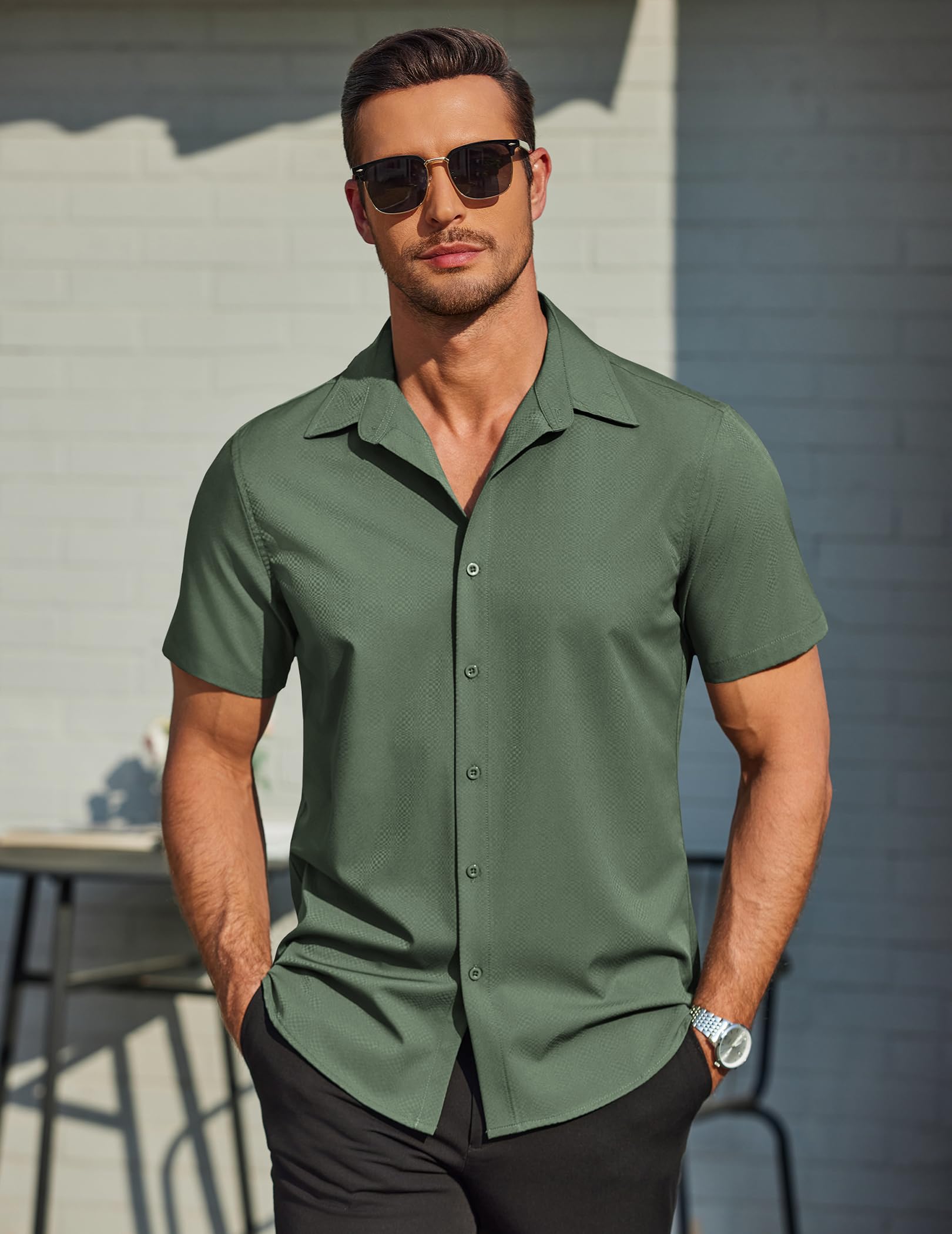 COOFANDY Camicia da uomo senza pieghe a pois a maniche corte con bottoni